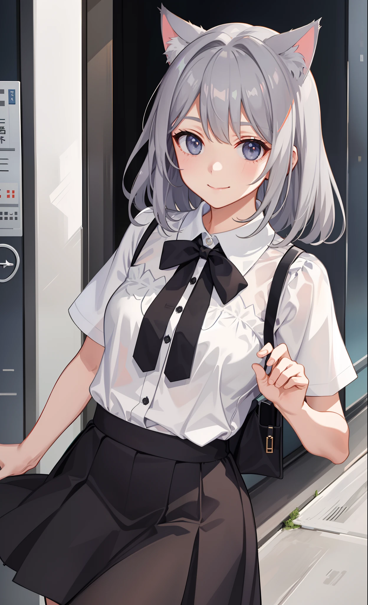 1girl in、A smile、The shirt、Blouse、skirt by the、(small tits)Chilarism、movement、(Gray hair)、Cat's ears、