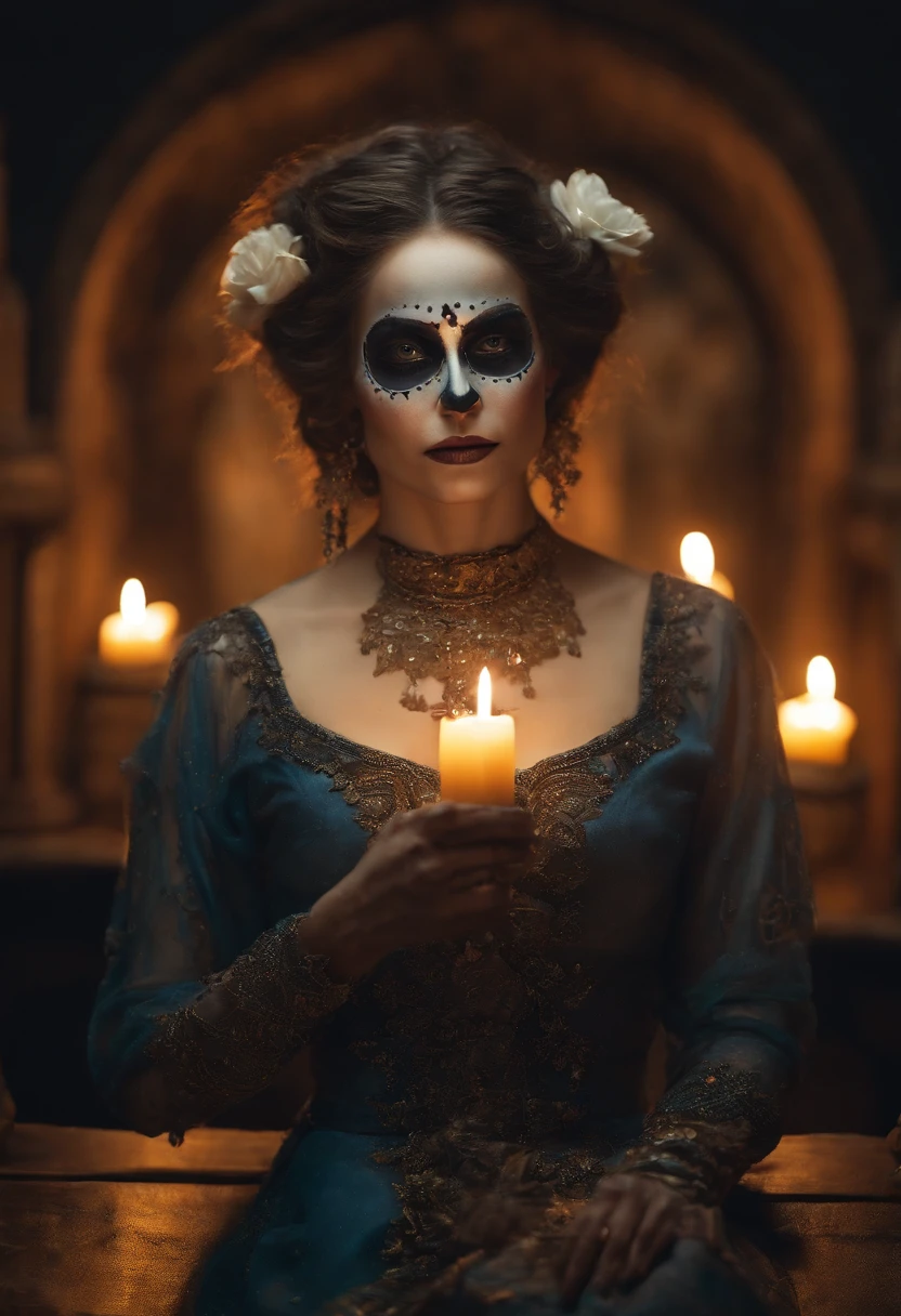 an oil painting in the style of WLOP of a woman with sugar skull paint and candles holding, in the style of realistic fantasy artwork, digital airbrushing, tanya shatseva, contrasting lights and darks, pixel art, exaggerated facial features, Ruben Maya
*a woman with a sugar skull makeup and roses around her head, celebrating day of the dead, dia de los muertos, day of the dead, dia de muertos, dia de los muertos. 8 k, la catrina, jen bartel, (dia de los muertos), day of all the dead, ( dia de los muertos ), Negative prompt: (worst quality, low quality, 3d, 2d), open mouth, tooth, ugly face, old face, double heads, extra limbs
Steps: 55, Sampler: Euler a, CFG scale: 7.0, Seed: 1345639005, Size: 768x1152, Model: copax_melodies_xl_beta2: 74c8901022ae", Version: v1.6.0.40-2-gbf9b3cf, TaskID: 650040315251726033