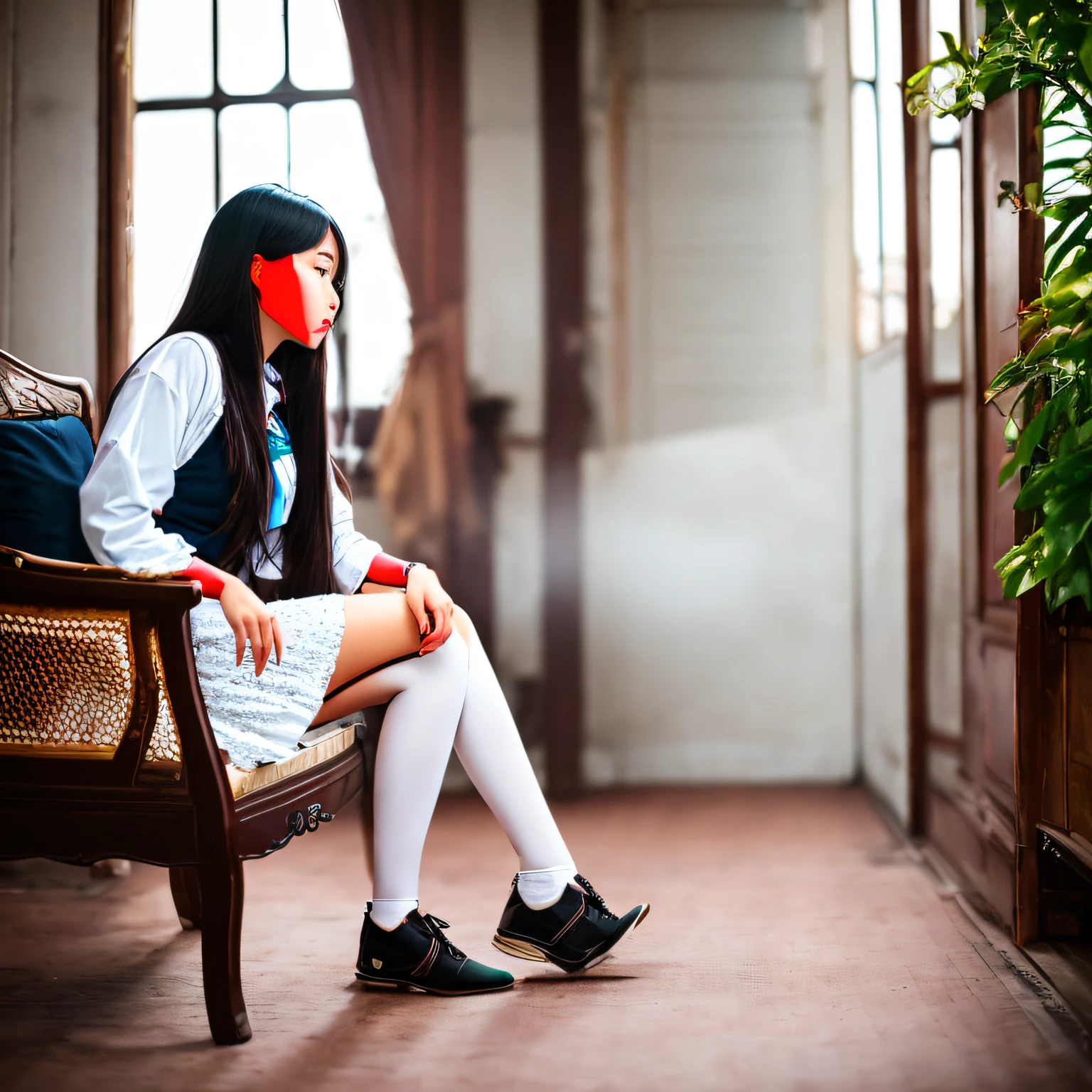 a Asian girl,sitting on chair,Full Length Shot,Fullbody,black hair, 8k, super detail, ccurate, best quality