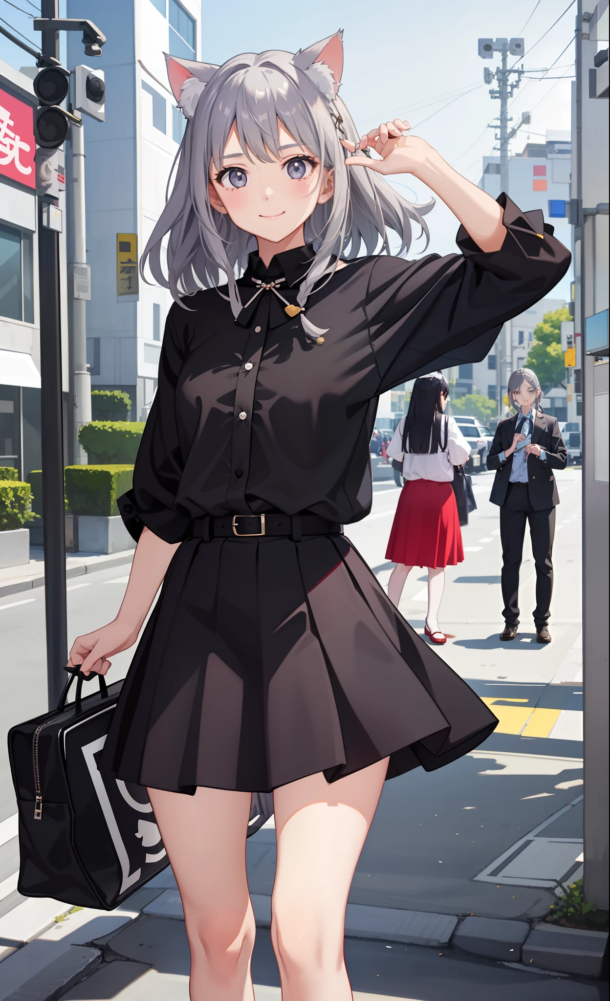 1girl in、A smile、The shirt、Blouse、skirt by the、(small tits)Chilarism、movement、(Gray hair)、Cat's ears、