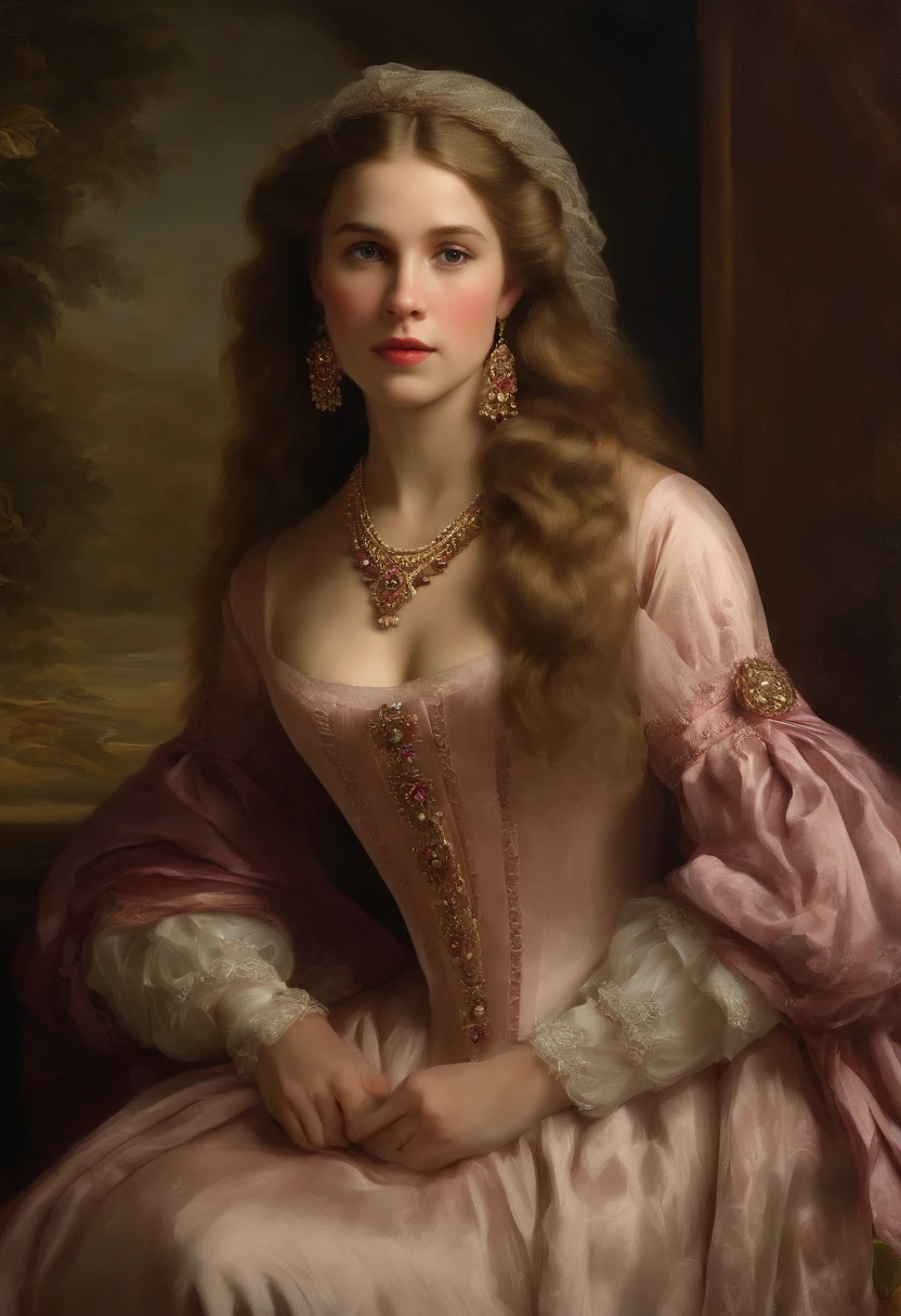Master paintings,The daughter of a nobleman,White race,European and American faces,(15year old:1.4),young,Urbane,inside in room,Warm background,offcial dress,Deep V neckline,High ponytail,(Small breasts are exposed:1.3),Pink areola,Gem Necklace,Bracelet,frightened
