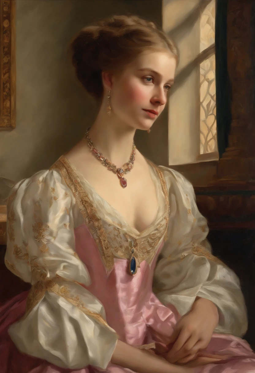 Peinture à l'huile , portrait , jeune femme , robe de bal , bijou , masque