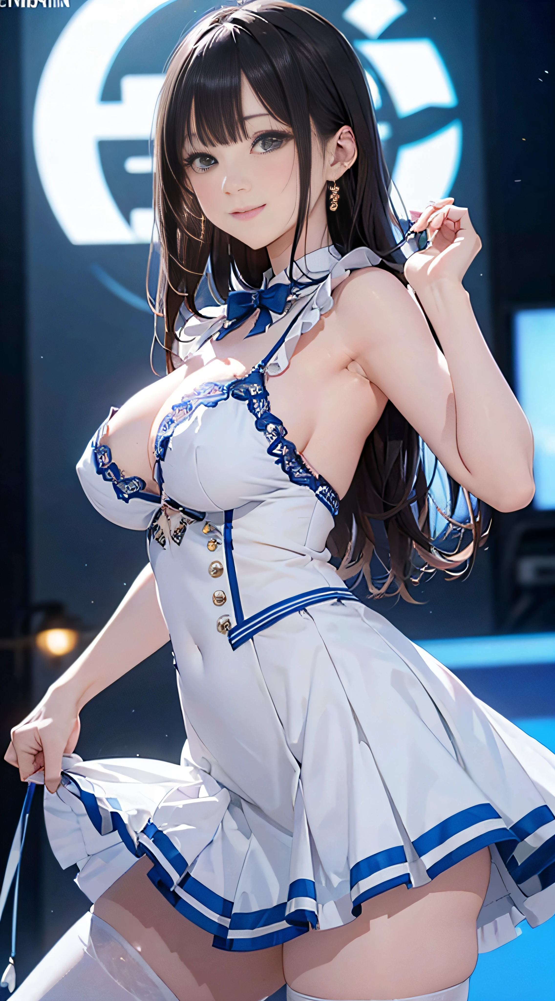 {8K Photo Quality:1.2}、{Ultra-high resolution photo quality:1.2}、{Super Real 1.2}、{Perfect limbs}、masutepiece、1womanl、Solo、White and Blue Companion Costume、Blue and white flared skirt、Puffy nipple、Event Venues、Chest Emphasis Pose、Shyness、Dynamic sexy poses、smil、Long Wave Hair、Big breasts、Stockings、hands on the ass