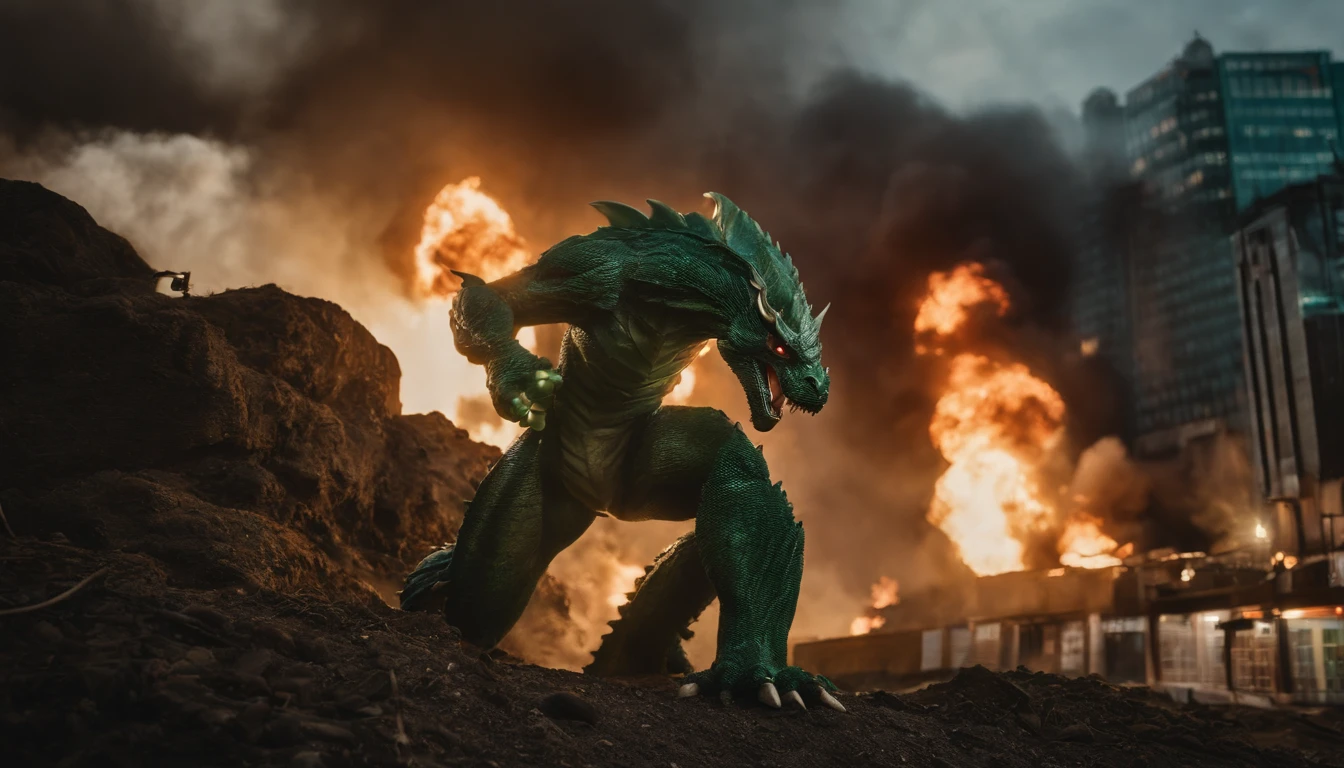 Showa Tokusatsu。He is fighting fiercely with a green monster dragon that breathes a large fire、Make a big picture of Ultraman Modoki。Those who run away々。The image has the texture of 8mm film。Miniature。Locations that appear in the office district。Big Kaiju and Big Ultraman Modoki。Snapshots。depth of fields。Camera work from below。At the highest image quality。Tokusatsu Movies。Realisticity。In the ratio of Cinesco size。16：Output with an image ratio of 9。
