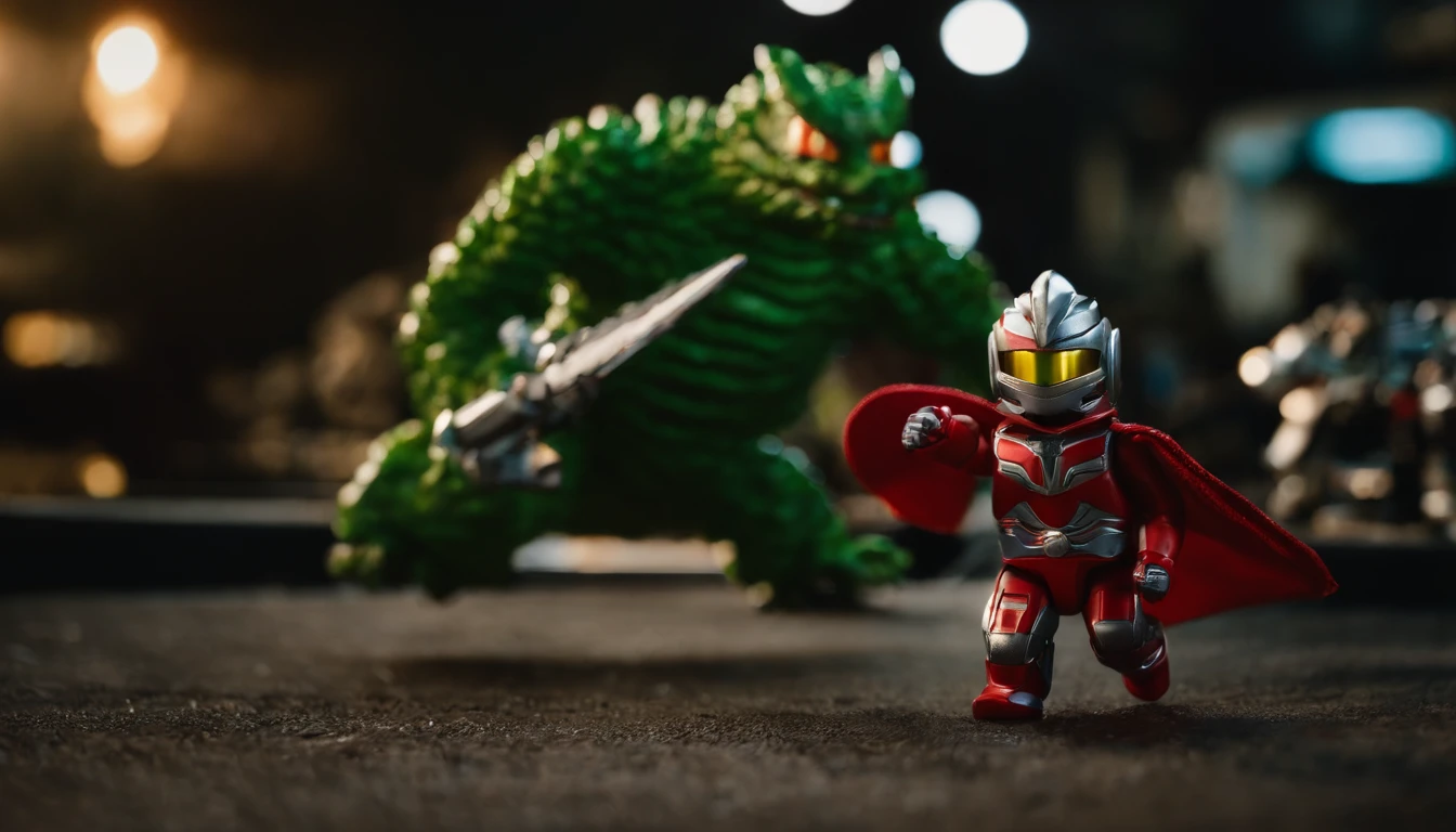 Showa Tokusatsu。He is fighting fiercely with a green monster dragon that breathes a large fire、Make a big picture of Ultraman Modoki。Those who run away々。The image has the texture of 8mm film。Miniature。Locations that appear in the office district。Big Kaiju and Big Ultraman Modoki。Snapshots。depth of fields。Camera work from below。At the highest image quality。Tokusatsu Movies。Realisticity。In the ratio of Cinesco size。16:Output with an image ratio of 9。