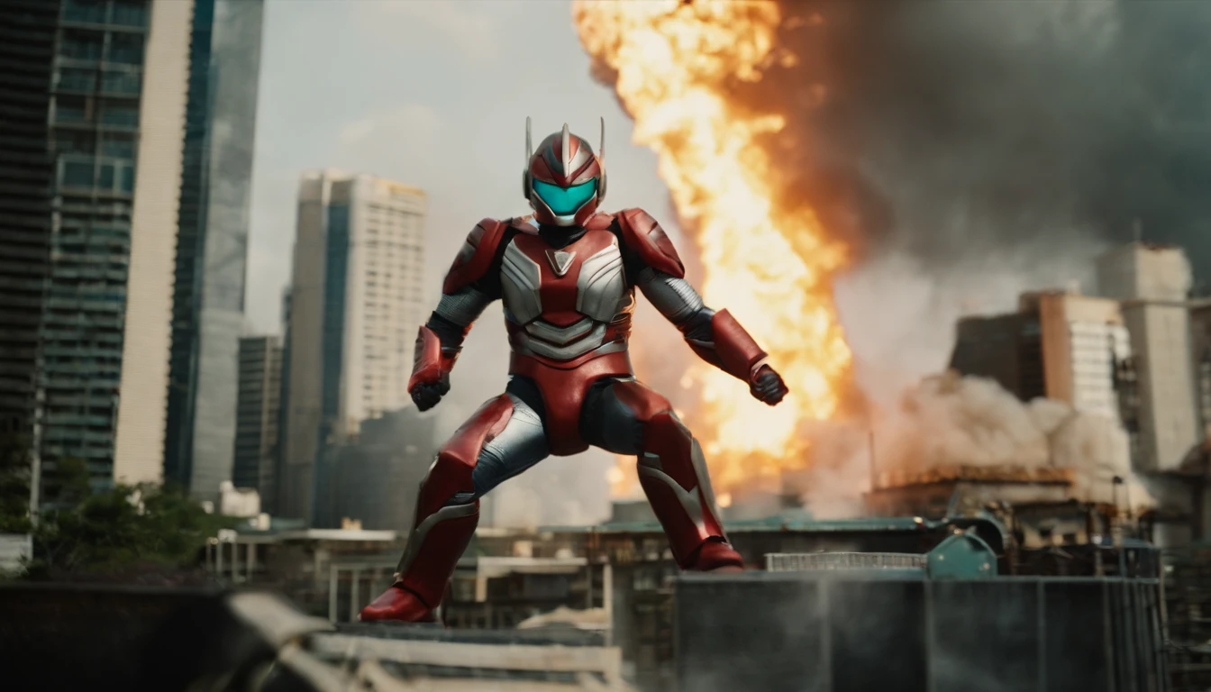 Showa Tokusatsu。He is fighting fiercely with a green monster dragon that breathes a large fire、Make a big picture of Ultraman Modoki。Those who run away々。The image has the texture of 8mm film。Miniature。Locations that appear in the office district。Big Kaiju and Big Ultraman Modoki。Snapshots。depth of fields。Camera work from below。At the highest image quality。Tokusatsu Movies。Realisticity。In the ratio of Cinesco size。16:Output with an image ratio of 9。