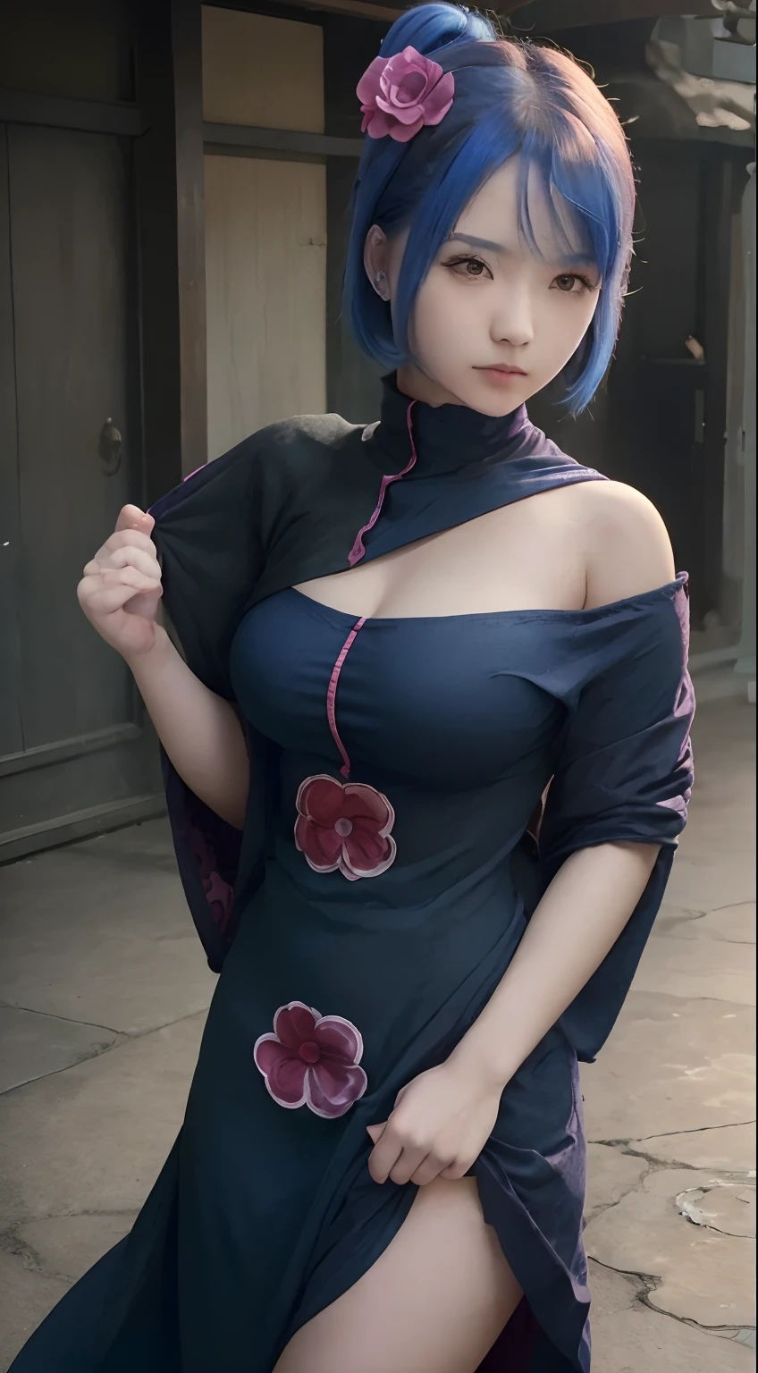 1girl,konan,short hair, blue hair,telanjang super body, big tits, realistic, super detail, 70mm lens, super realistic