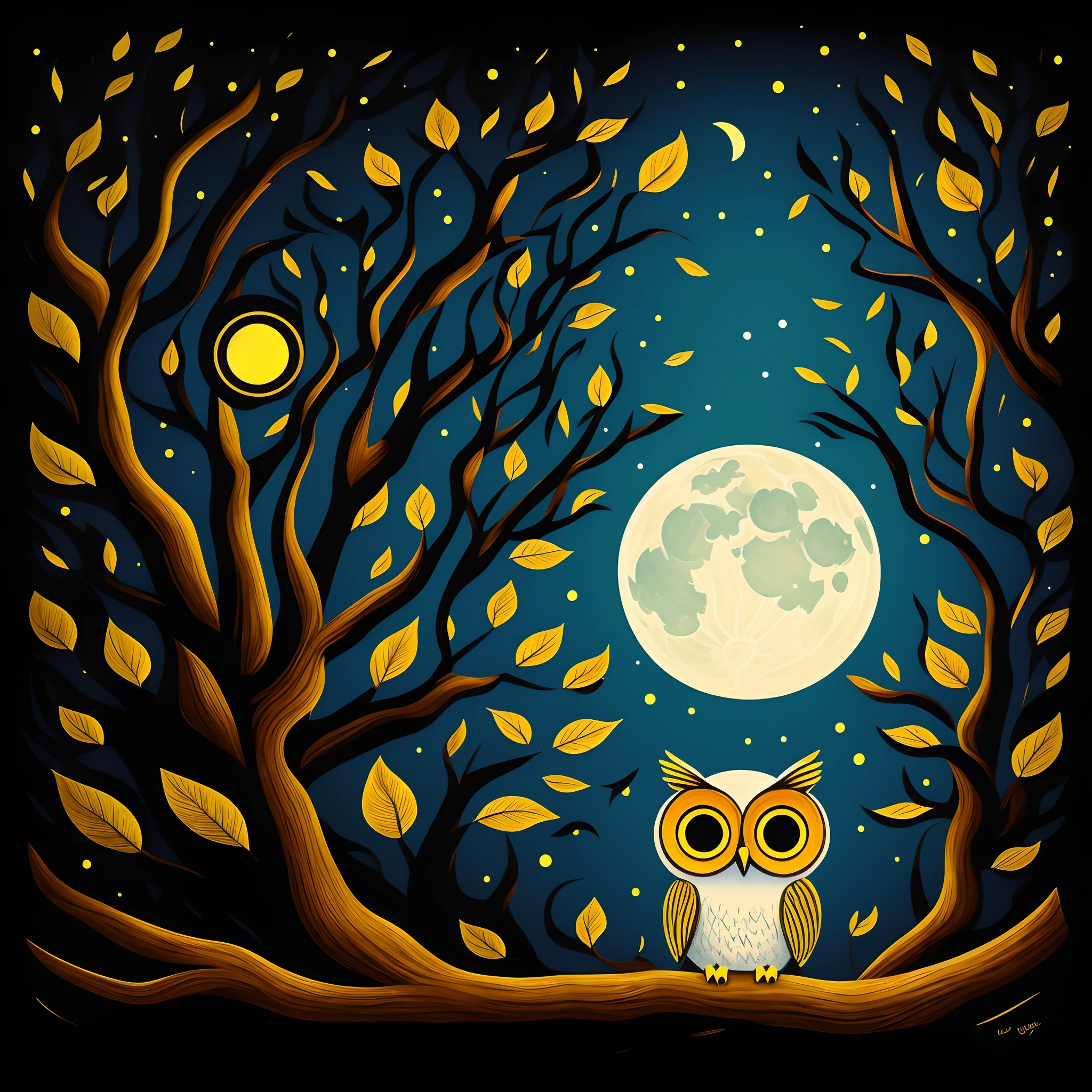 A cute owls sticker, golden eyes,cute white owls,a full moon,a deep forest,and a mysterious image. It's night but it's bright