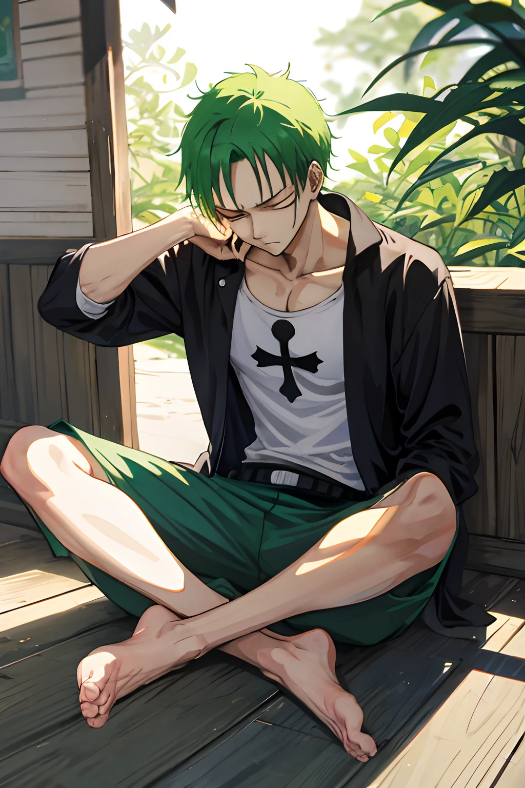 Zoro one piece, sitting cross - legged, sleeping