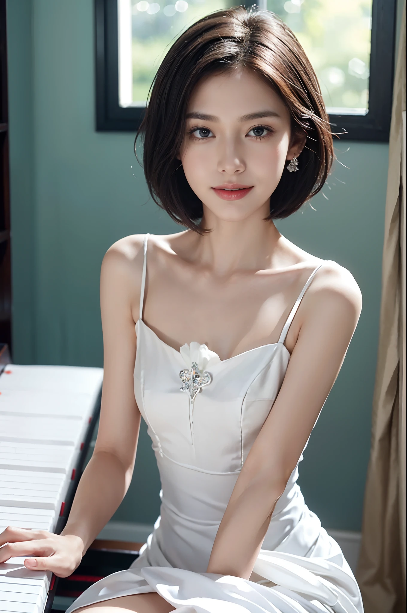(shoulder-length straight short hair: 1.2),Upper body, （Extremely meticulous CG 8k wallpaper），（Extremely refined and beautiful），（Masterpiece），（best qualtiy:1.0），（Ultra High Resolution:1.0），beautiful light up，Perfect lightning，realistic shaded，[A high resolution]，Smooth and flawless fair skin，Extremely exquisite facial details，ultra - detailed，A  girl，small head，Smile，cheerfulness,Summer，afternoon，Close Shot，at home，In living room,Blue green background，Sitting upright on a stool next to a piano，(Playing piano with both hands:1.3)，enjoying a comfortable and intoxicated expression,small face，（perfect body:1.1）,small breasts，flat chest，slim，thin，(white Princess Evening Dress Long Dress:1.5)，Slender legs，shoulders off，bare shoulders，Charming collarbone，flowers,sideways,(Portrait above chest level:1.3),cowboy shot