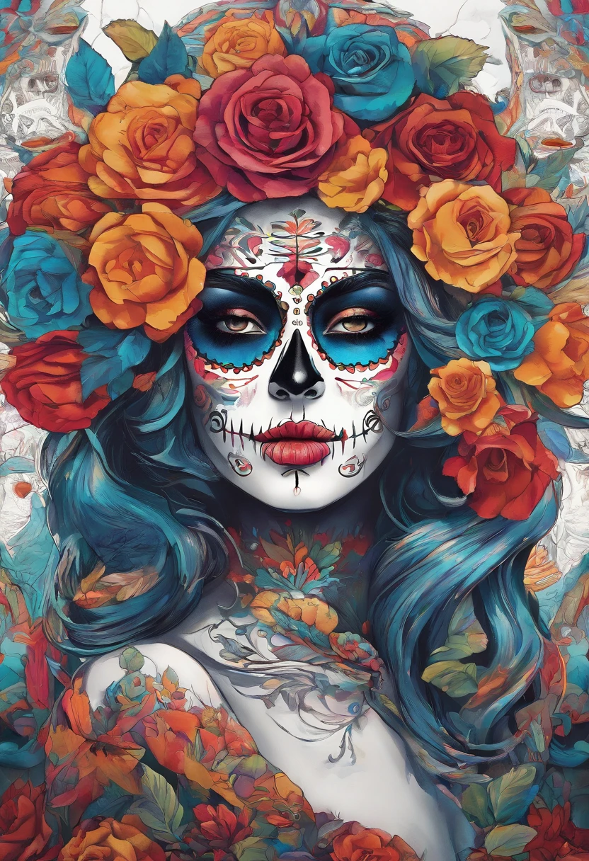 an oil painting in the style of WLOP of a woman with sugar skull paint and candles holding,  in the style of realistic fantasy artwork,  digital airbrushing,  tanya shatseva,  contrasting lights and darks,  pixel art,  exaggerated facial features,  Ruben Maya
*a woman with a sugar skull makeup and roses around her head,  celebrating day of the dead,  dia de los muertos,  day of the dead,  dia de muertos,  dia de los muertos. 8 k,  la catrina,  jen bartel,  (dia de los muertos),  day of all the dead,  ( dia de los muertos ), Negative prompt: (worst quality,  low quality,  3d,  2d),  open mouth,  tooth, ugly face,  old face,  double heads,  extra limbs
Steps: 55, Sampler: Euler a, CFG scale: 7.0, Seed: 1345639005, Size: 768x1152, Model: copax_melodies_xl_beta2: 74c8901022ae", Version: v1.6.0.40-2-gbf9b3cf, TaskID: 650040315251726033