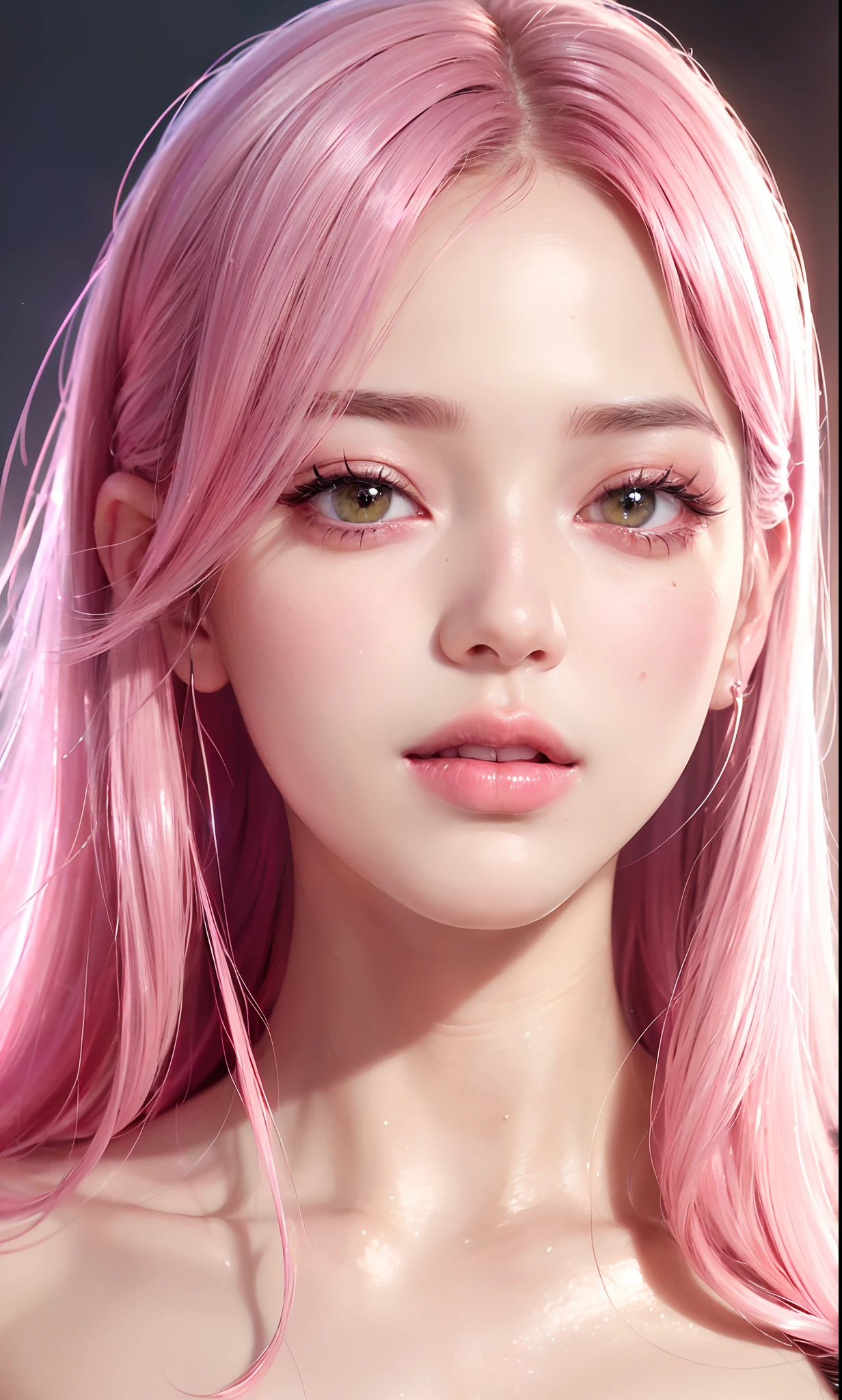 Ultra realistic, open shot, best quality, dream aesthetic (a little blurry in cinematic vibrant light), show all, ultra-detailed, fine details, high resolution (wide image), Perfect dynamic composition, illuminated pale skin, perfect shading, beautiful (realistic) detailed clear eyes, naked, pantyhose, pale-pink hair, long messy (silky) hair (pale pink), hair fringe, natural big breasts (nude), Natural Color Lip, face with pleasure and fatigue expression, Random and sensual poses, bedroom (background unfocused)、20 year old、dream atmosphere