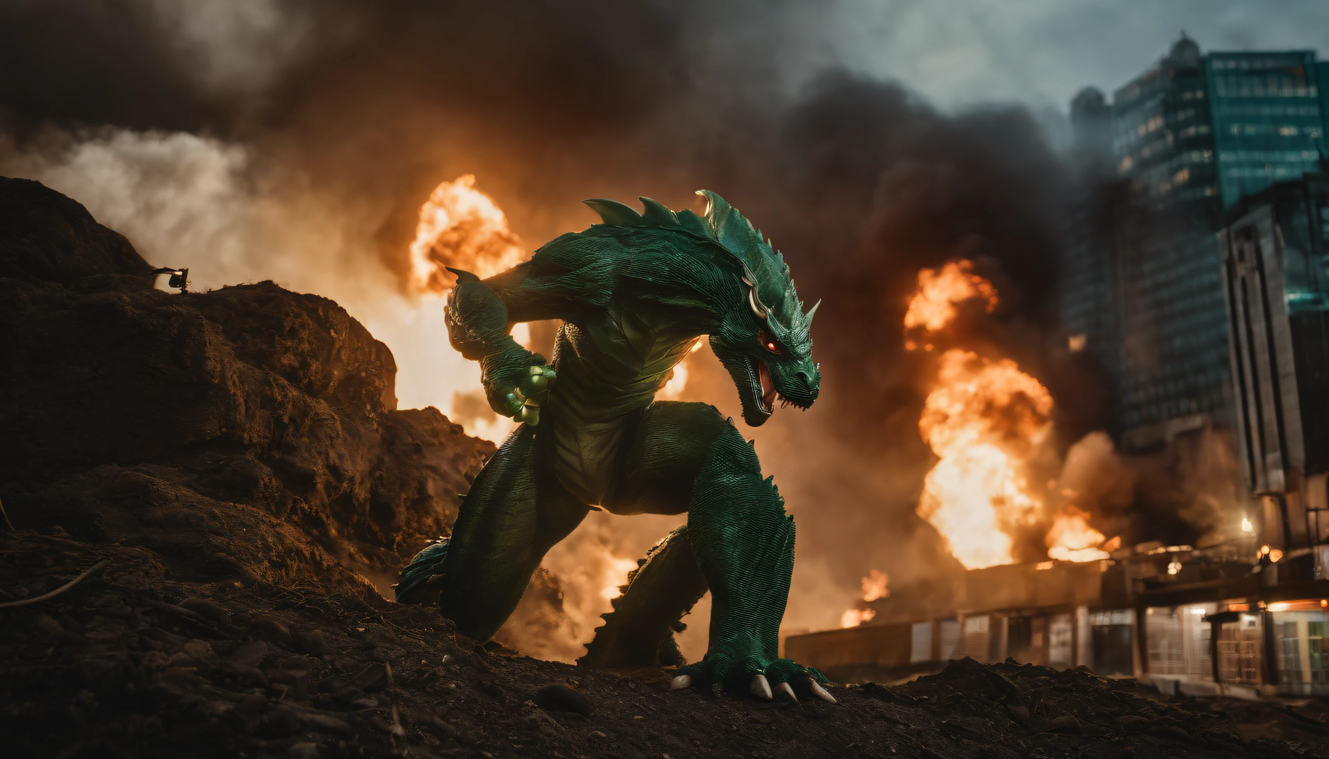 Showa Tokusatsu。He is fighting fiercely with a green monster dragon that breathes a large fire、Make a big picture of Ultraman Modoki。Those who run away々。The image has the texture of 8mm film。Miniature。Locations that appear in the office district。Big Kaiju and Big Ultraman Modoki。Snapshots。depth of fields。Camera work from below。At the highest image quality。Tokusatsu Movies。Realisticity。In the ratio of Cinesco size。16:Output with an image ratio of 9。