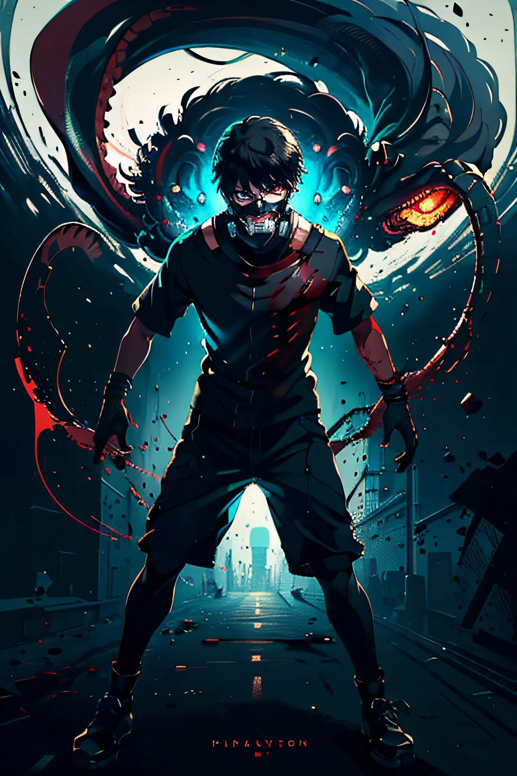 1boy, 8k, anime, portrait, best quality, ultra high res, ultra detailed, black and high constrast color tone, extremely detailed lighting, cinematic lighting, soft lights, (masterpiece, high quality:1.4), (kaneki ken, black hair, white hair, red and black eye, mask | teeth, blood eyes, black clothes, scorpio tentacles),  blood, ((full body)), (dynamic pose), black background, thrilling, (fierce face) detailed body, detailed face