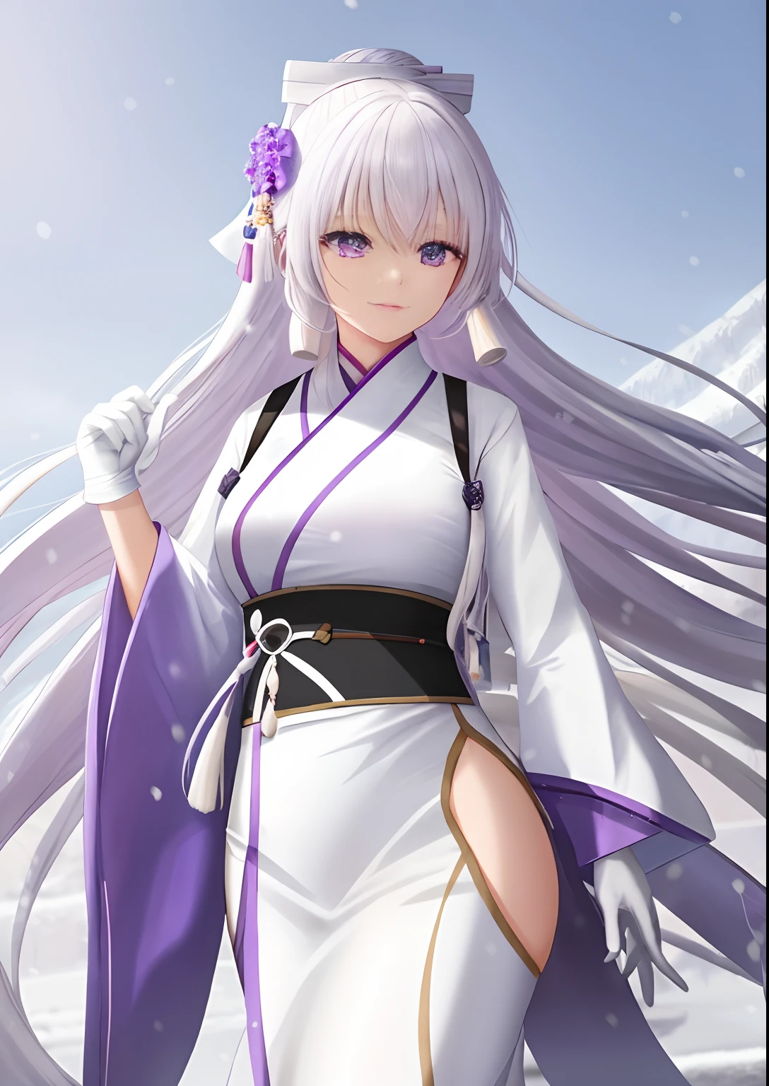 A woman who is,Has long white hair,Wear purple Hanfu,Wears long white gloves,The environment is snowy