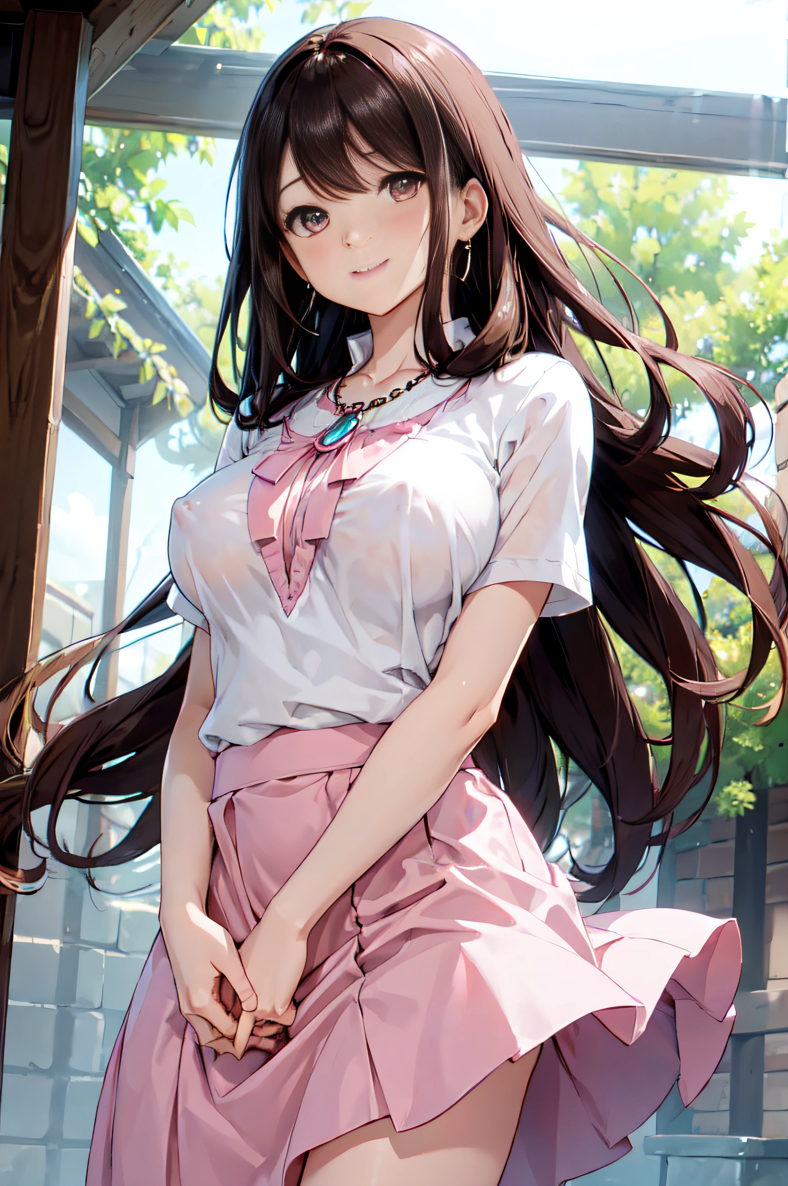 Anime girl with long hair and pink skirt posing for a picture - SeaArt AI