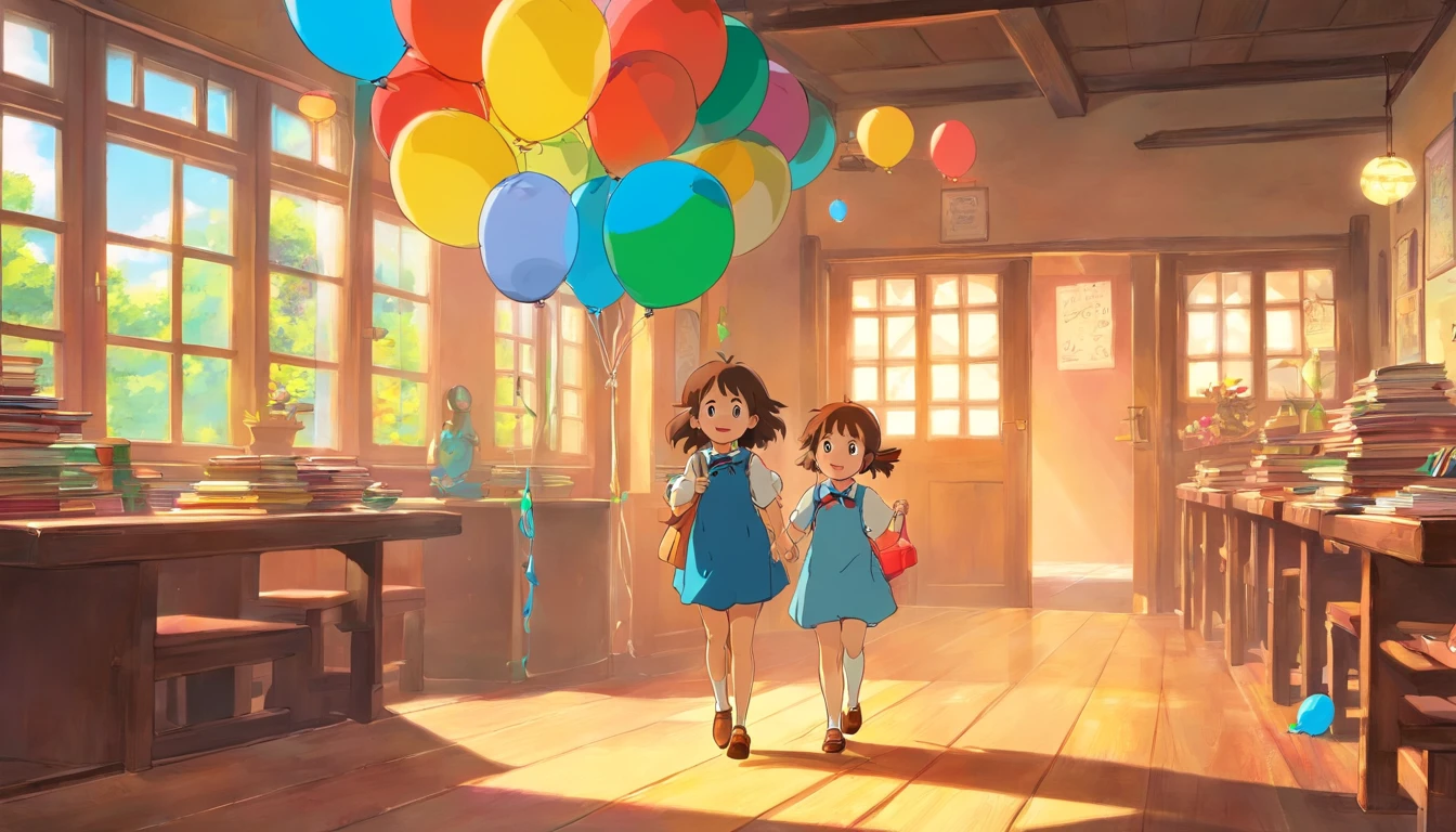 Two happy little friends, They play games in the classroom, balloons, Buble, Warm and tolerant, The color is bright, Bright colors, Ghibli-like colours, bloom, UHD, masterpiece