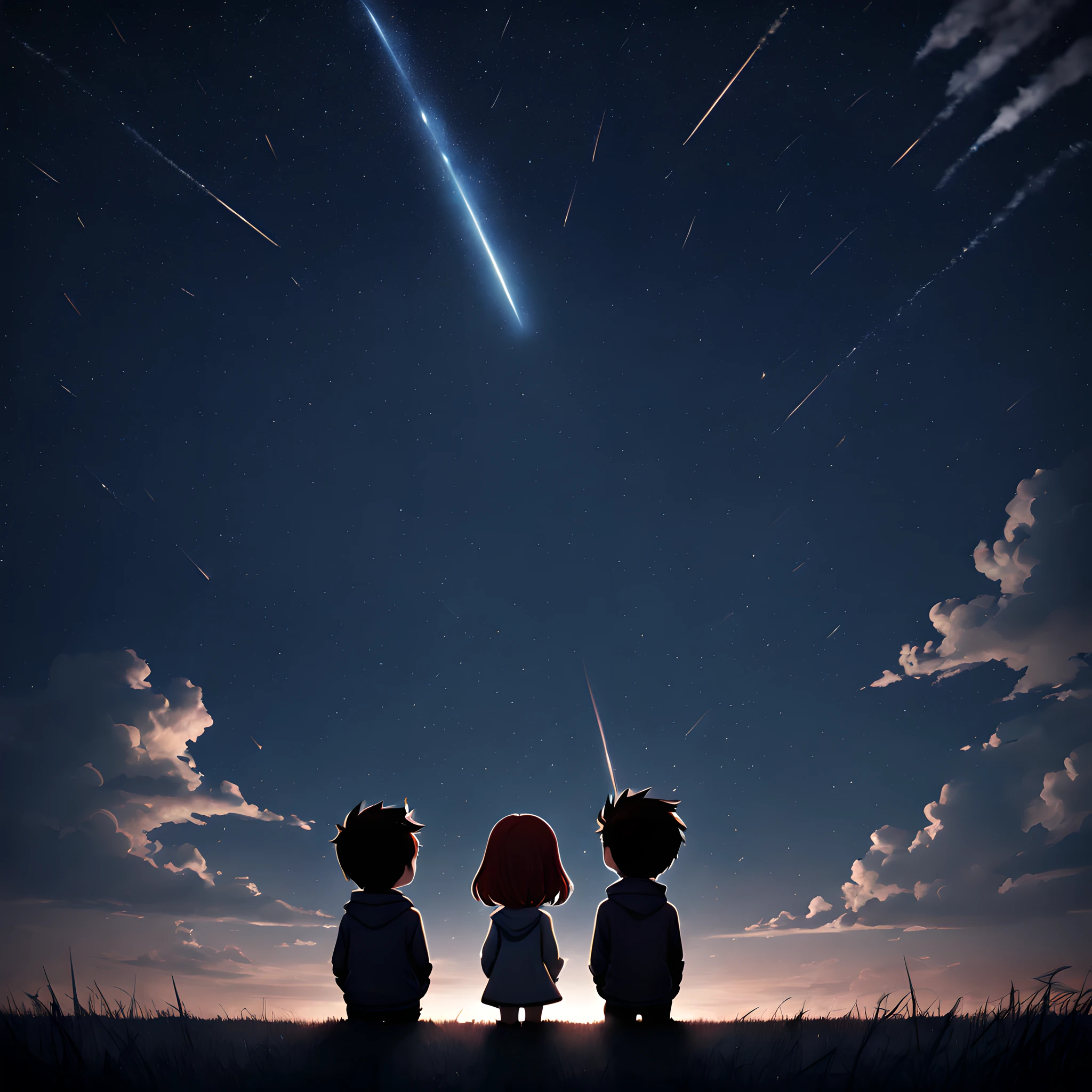 (Meteor:1.5), (magic:1.5), (fantasy:1.5), (centered image:1.5), (dark night sky:1.5), (starry sky:1.5), (cloud:1.5), (chibi emote:1.5), (chibi character:1.5), (Meteor:1.5), (shooting star:1.5), (Perseid meteor shower:1.5), (Back view of a couple staring at a meteor shower:1.5), (peak time:1.5), (lots of shooting star:1.5),