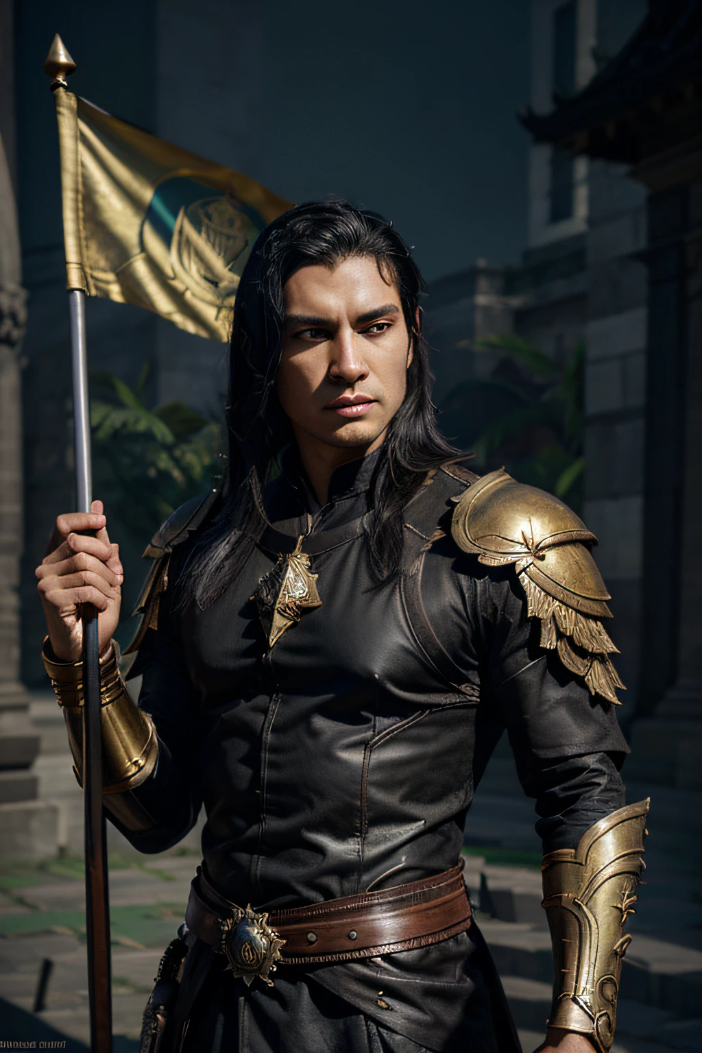 male, Indonesian male superhero with black hair, wearing elegant black armor and a gold patterned robe, with a background in future Indonesia which contains a statue of Garuda Indonesia, holding an Indonesian flag and a Palestinian flag
realistic rendering, Dungeons and Dragons, Fantasy, octane rendering, zbrush. Character designs, photorealistic, unreal machines, highly detailed, concept art, trending on art station. ((best quality)), ((masterpiece)), ((realistic)), (detail), (male), close-up portrait, full body portrait, black eyes, looking at the viewer, Fantasy art, gradient color amazing, no watermark, closed mouth, detailed background, closed mouth, amazing detail, ((masterpiece)), absurd, HDR.