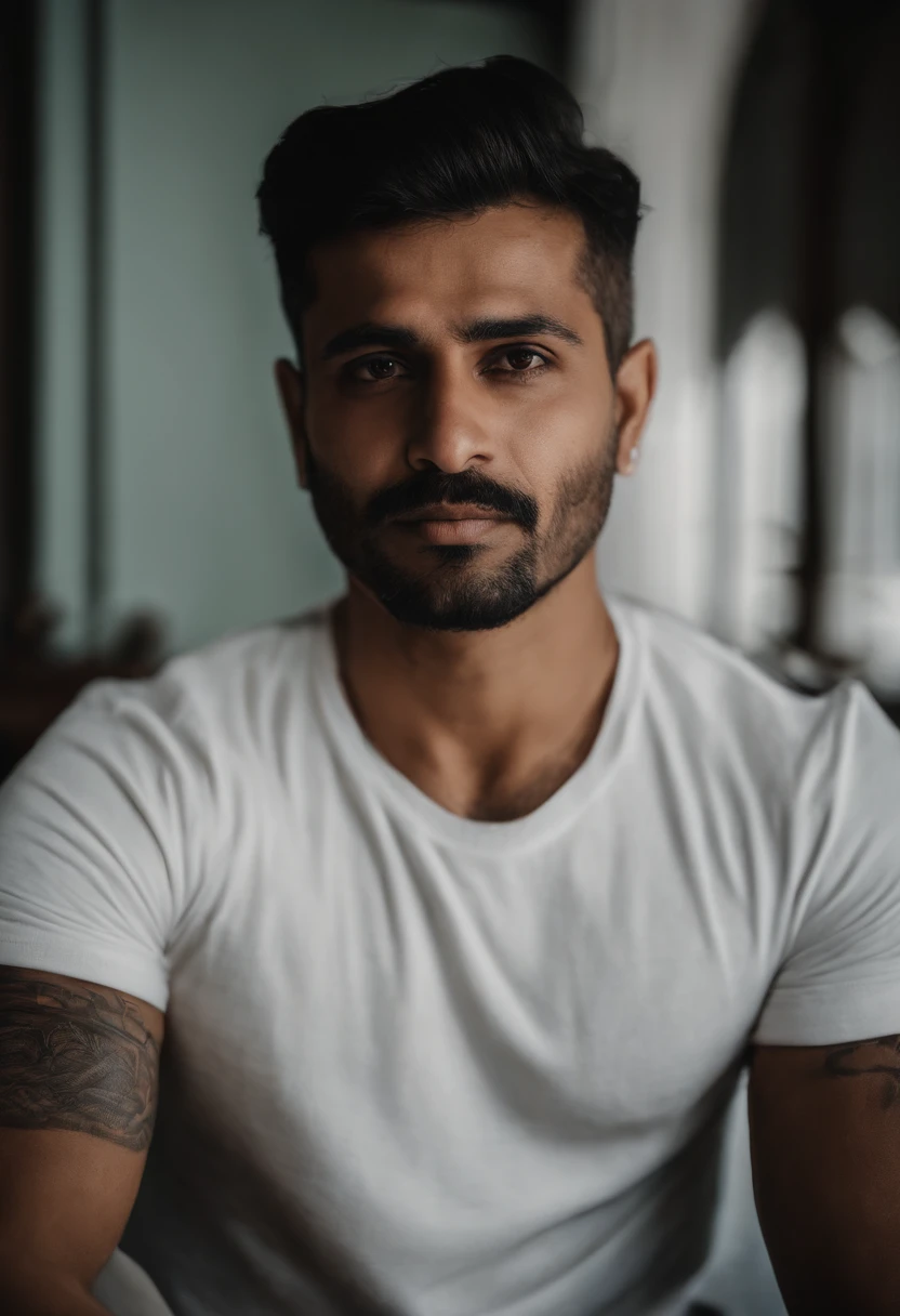 Retrato de um pai, homem branco, 27 anos, cavanhaque, terno e gravata, brinco na orelha direita, arms tattoo, Alok,