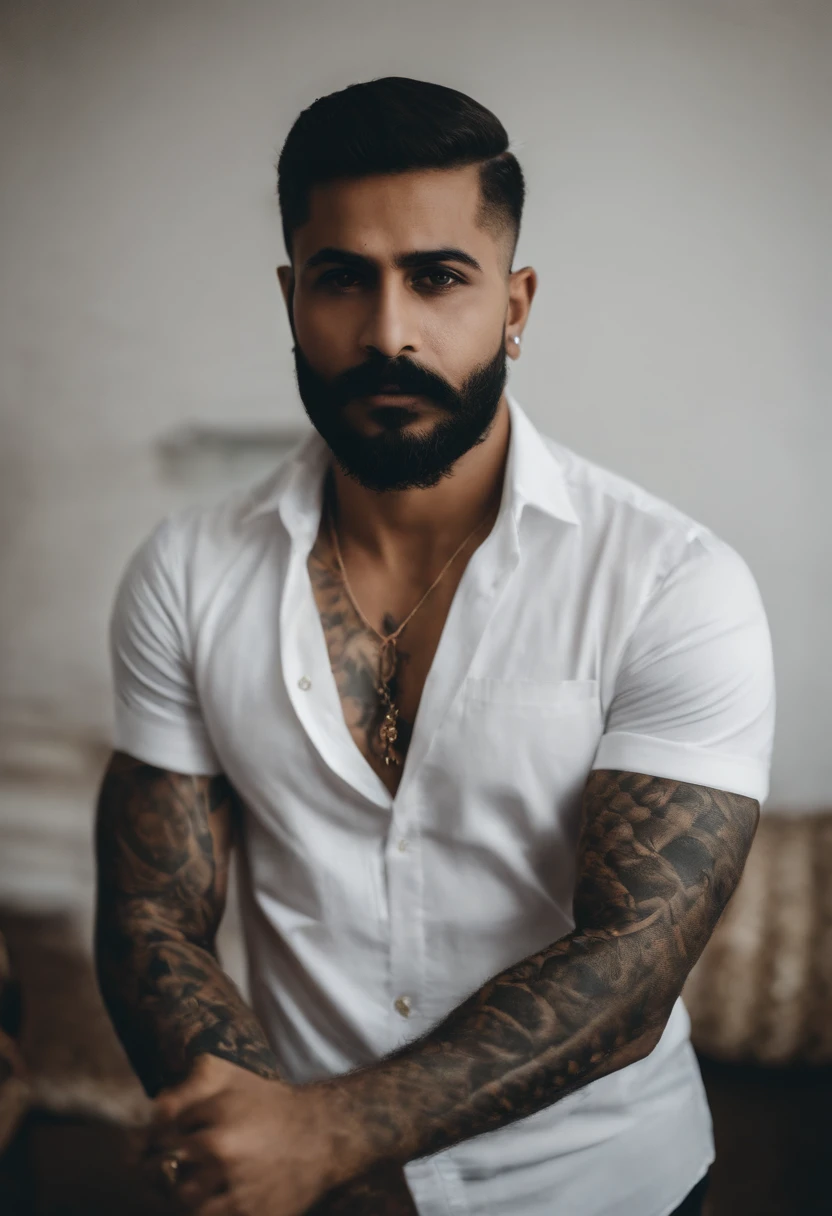 Retrato de um pai, homem branco, 27 anos, cavanhaque, terno e gravata, brinco na orelha direita, arms tattoo, Alok,