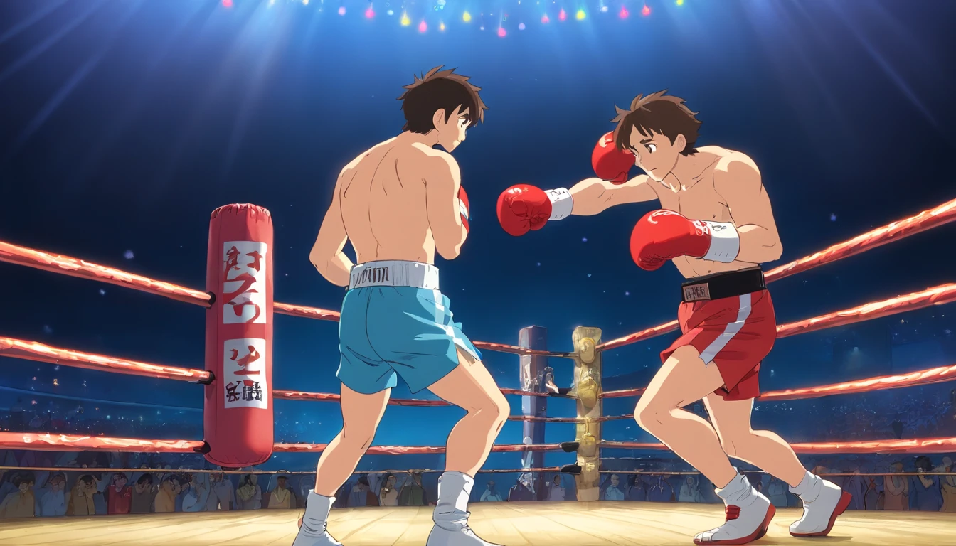 high-definition picture quality,Two men in the boxing ring。There are a lot of spectators around,The middle is bright,Dark all around。