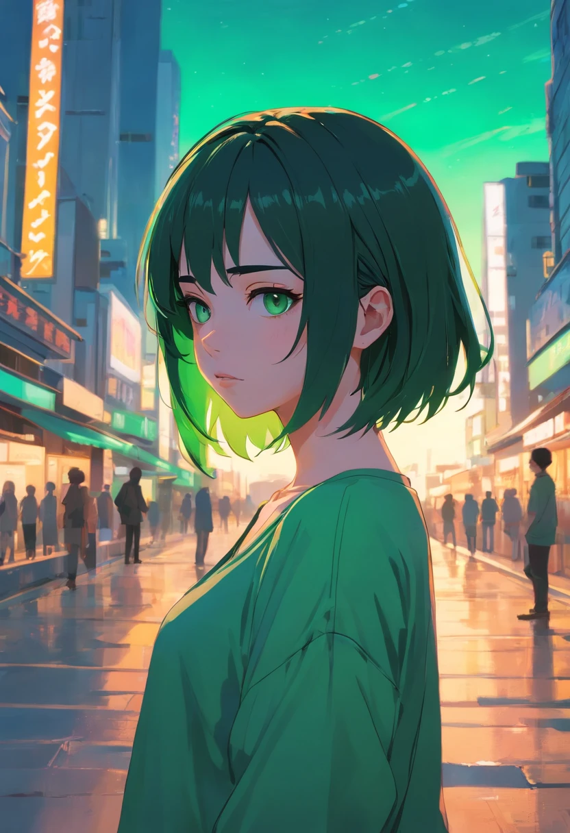 Beautiful girl looks like Billie Eilish, Sexy figure, Sexy Pose, Hot clothes, Green and black hair, Beauty face, bob cuts