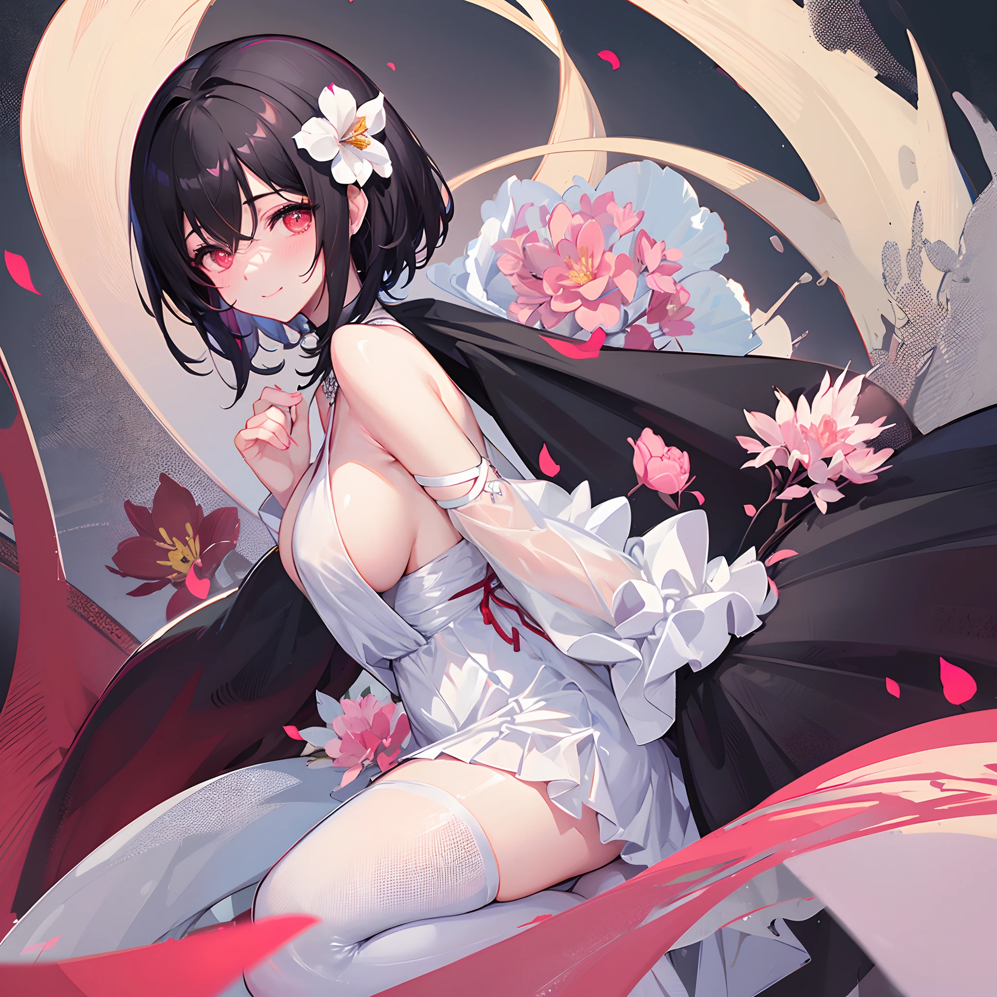 A woman with short black hair and pink-red eyes......Wearing a white dress.... Slim profile, Fair-skinned, large boobs, He blushed slightly......, Close your eyes and smile brightly........On Mobile, white flower