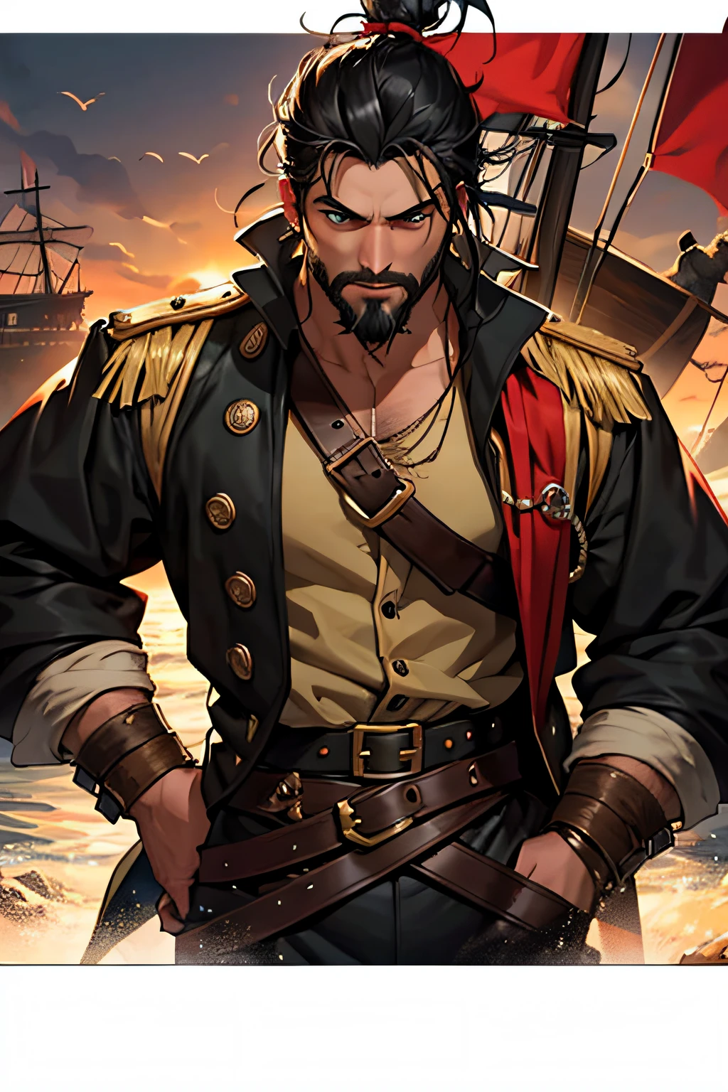 Pirate, 25 years, gunner, musketer, black hair, black beard, hazel eyes,