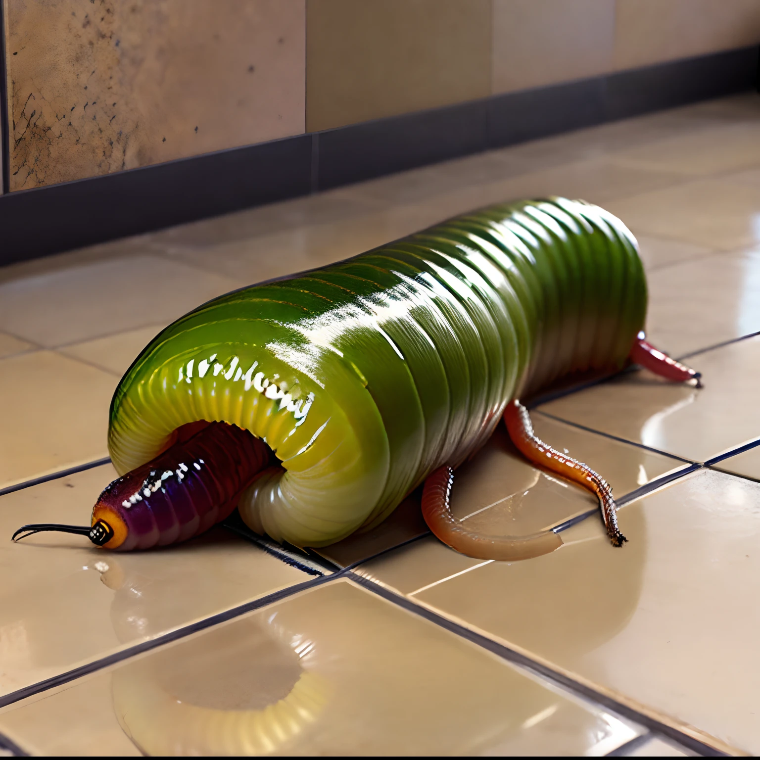 Highly realistic, solo focus, detailed, HD, Worm, fat worm, slimy, on tile floor, single fat worm, wet