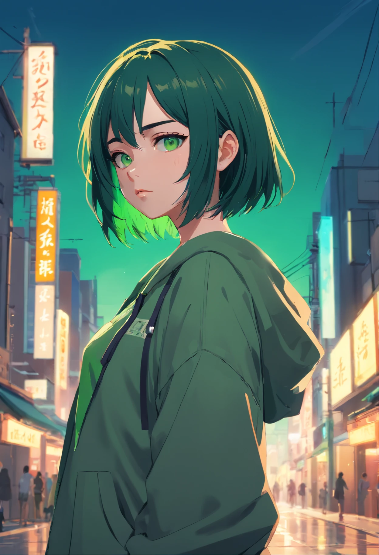 Beautiful girl looks like Billie Eilish, Sexy figure, Sexy Pose, Hot clothes, Green and black hair, Beauty face, bob cuts