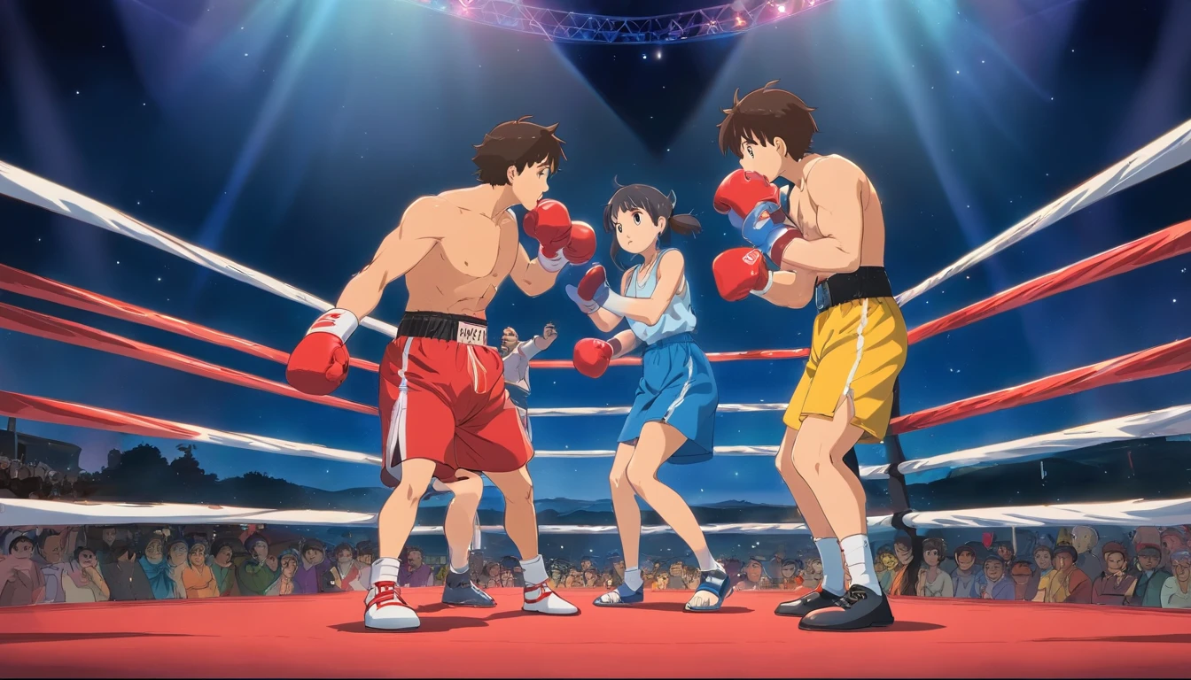 high-definition picture quality，Two people in the boxing ring。There are a lot of spectators around，Bright in the middle，Darkness all around。