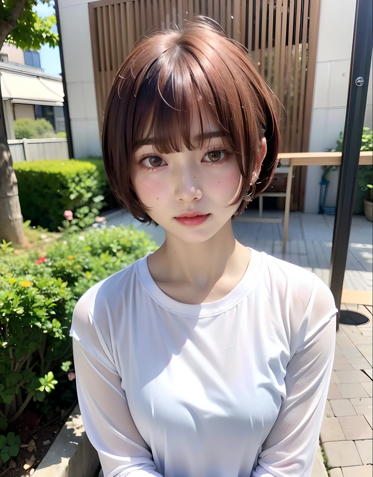 ((top-quality))、(masuter piece:1.4)、Raw photography、8K、((Top image quality))、 ((超A high resolution))、Beautiful face in every detail、Realistic human skin、Gentle expression、(1人の女性)、realisitic、Photorealsitic、(short-hair:1.4)、(cute little:1.4)、((extra very short hair))、(Cute Japan Girls)、((Pretty Woman))、(Beautiful hair)、(((Red cheeks)))、((big eye))、20-year-old beauty、Straight hair、(((Smaller face)))、smaller head、(long neck)、pale skin、Spot-free skin、With bangs、Everyone longs for、Beautiful female model in Japan、(White shirt)、Looking at the camera、Temptation、