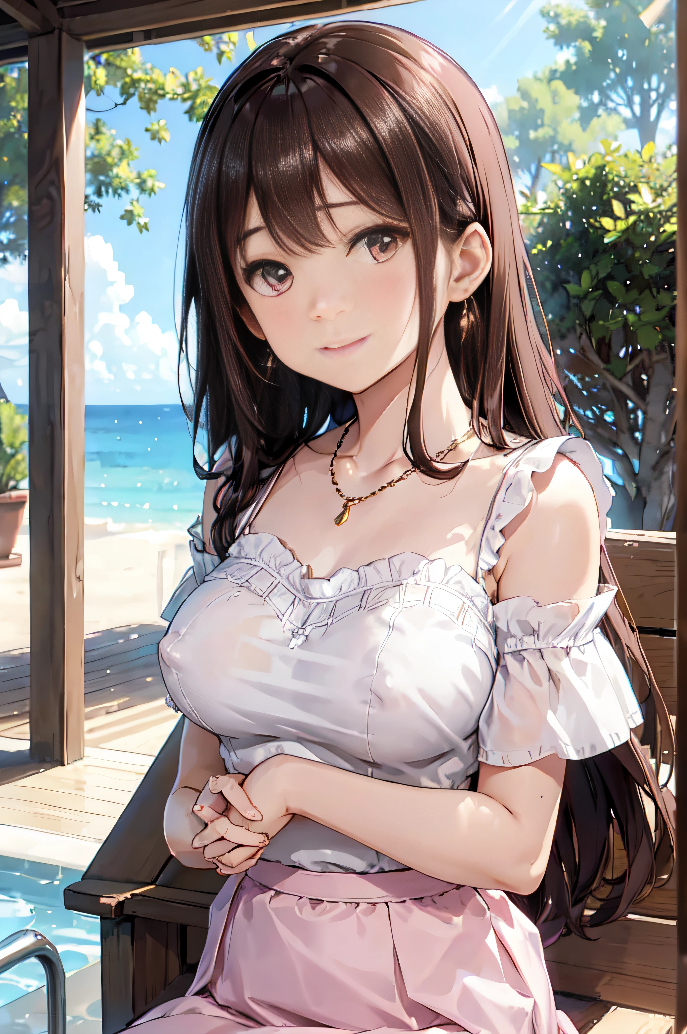 (High quality, High resolution, Fine details, Realistic), Long Wave Hair、dark brown hair、Earring、Modest necklace、Off-the-shoulder white shirt,Pink flared skirt, crystal clear skies, Strong sunshine, Solo, Adult Woman, Sparkling eyes, Smile, blush, Large breasts, Oily skin, Shallow depth of field、Puffy nipple、Pose with chest emphasis in a slouching position、Holding the skirt with your hands Skirt Fuwari、Sit by the pool