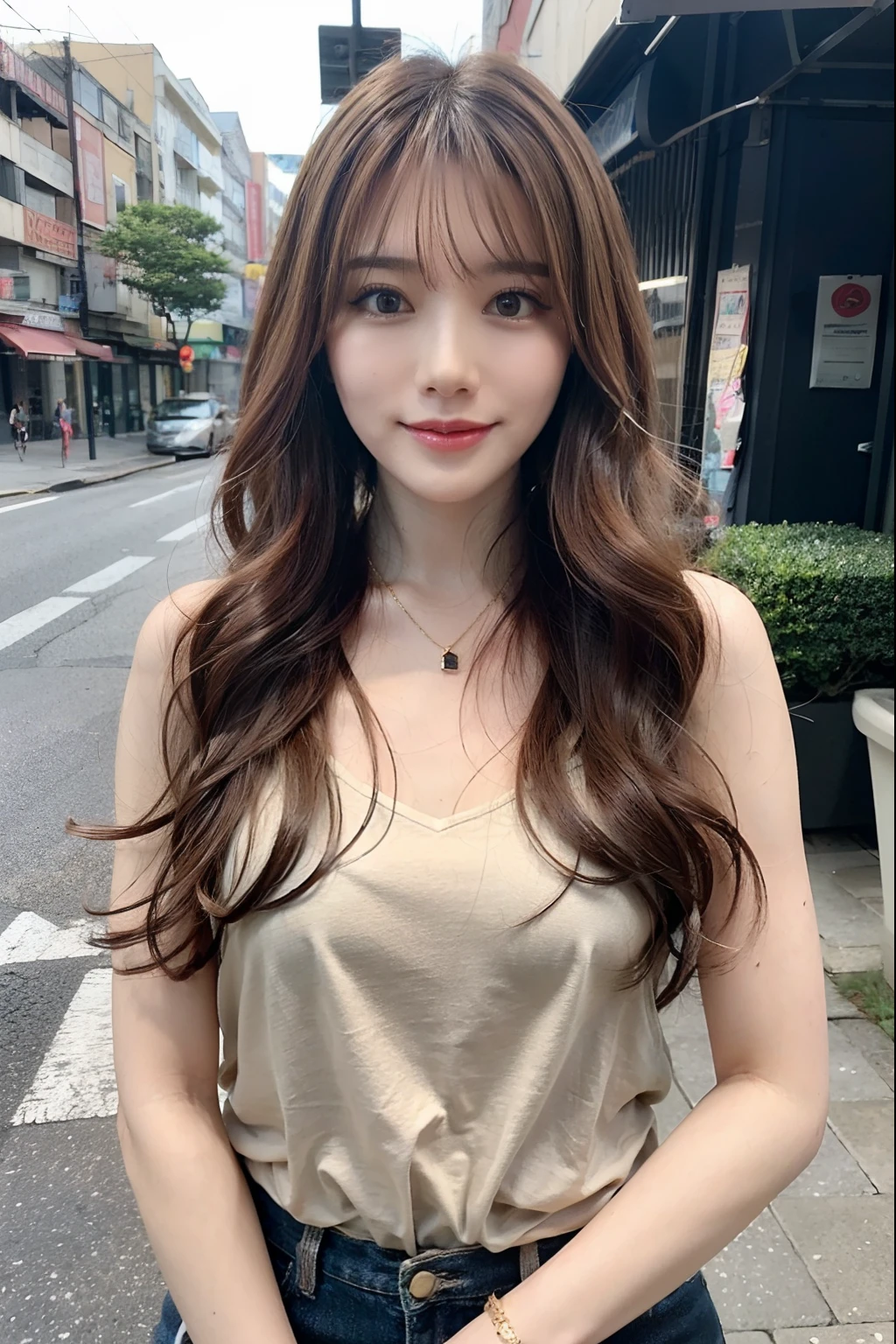 The upper part of the body、light brown hair、Design Hair、Live action、​masterpiece、top-quality、Official art、Highly elaborate CG Unity 8K wallpapers、For girls、超A high resolution、Casual Fashion、Golden Hour Lighting、Summer Fashion、(Natural brown hair:0.8)、(Puffy eyes)、Sheer sunlight、Look at viewers、A smile、mideum breasts、Hair Sweep、Bust Up angle、model poses、Delicate skin、Curly hair、（Japanese ido)、Slimed、25-years old、