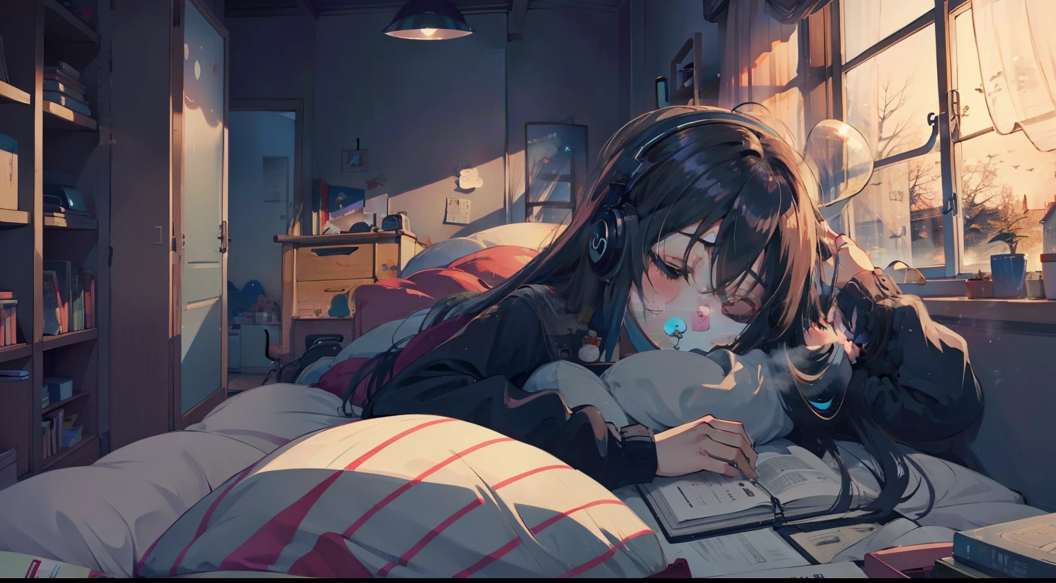 Bedroom, sleep, window, Night, a computer, head phone, chuunibyou, 1girl in, fisheyes, Very long hair,