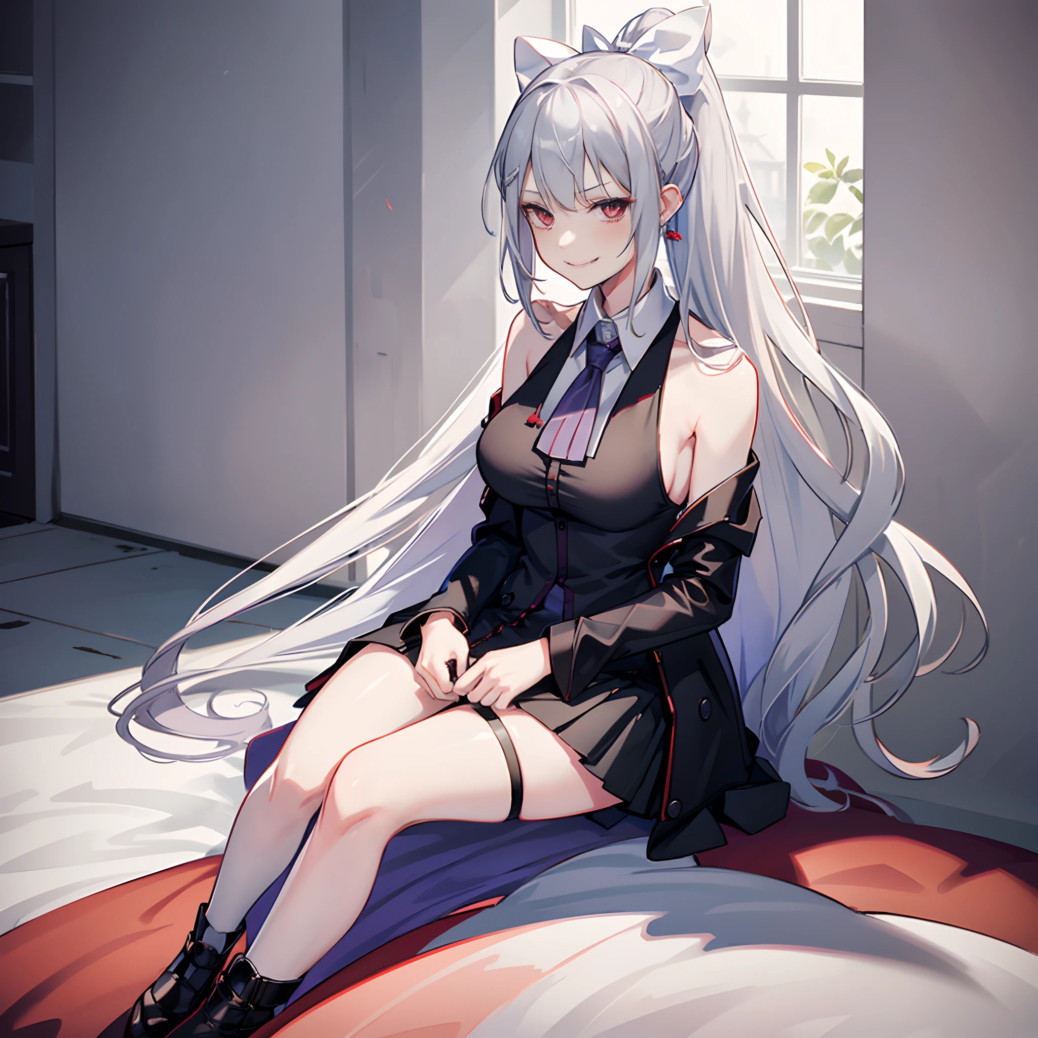 1girl, solo, Higuchi_Kaede, vampire, red eyes, silver hair, let down hair, long hair, sleeveless silver dress, fashionable dress, elegant long black gloves, long skirt, translucent stockings, low heels, smirk, grinning, shoulder look, looking at viewer