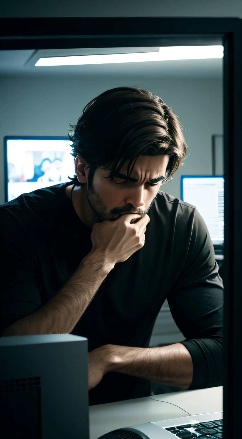 Tired man behind computer, cinematic