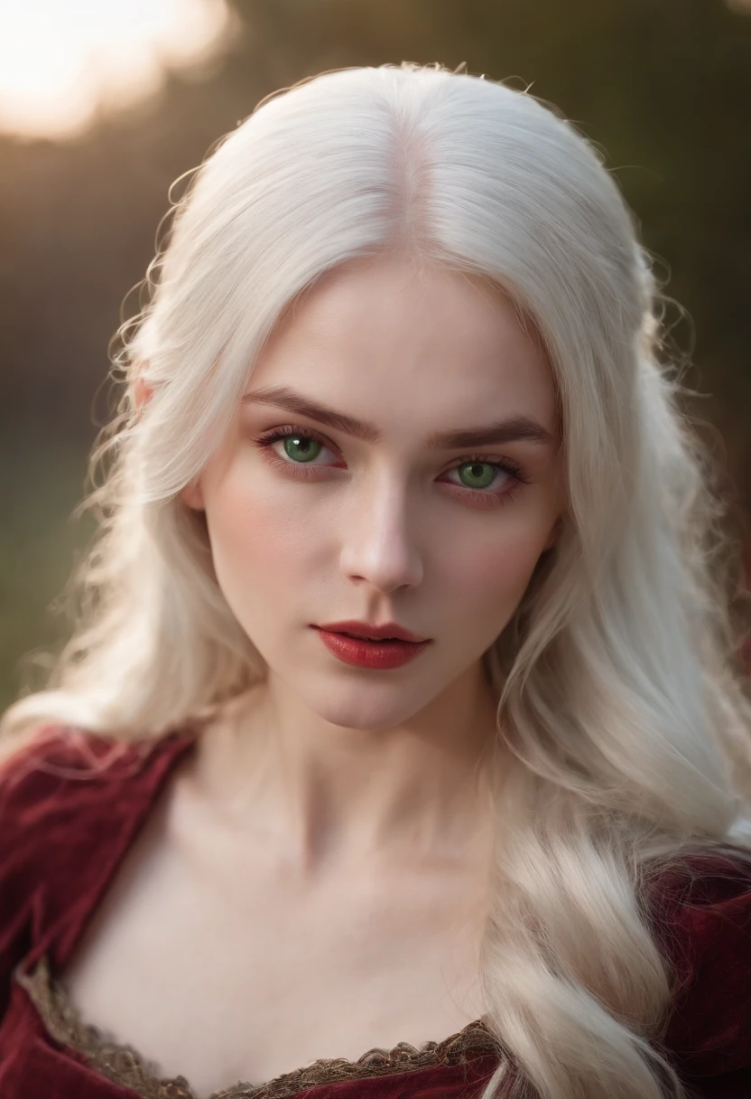 (((a deep reddish wound crosses her left cheek))) fair complexion, woman around 19 years old, natural white hair, distinctive green eyes, wearing kohl, slender and graceful, beautiful, candlelight in a medieval setting, ultra sharp focus, realistic shot, medieval female clothes, tetradic colors (scar:1.4)