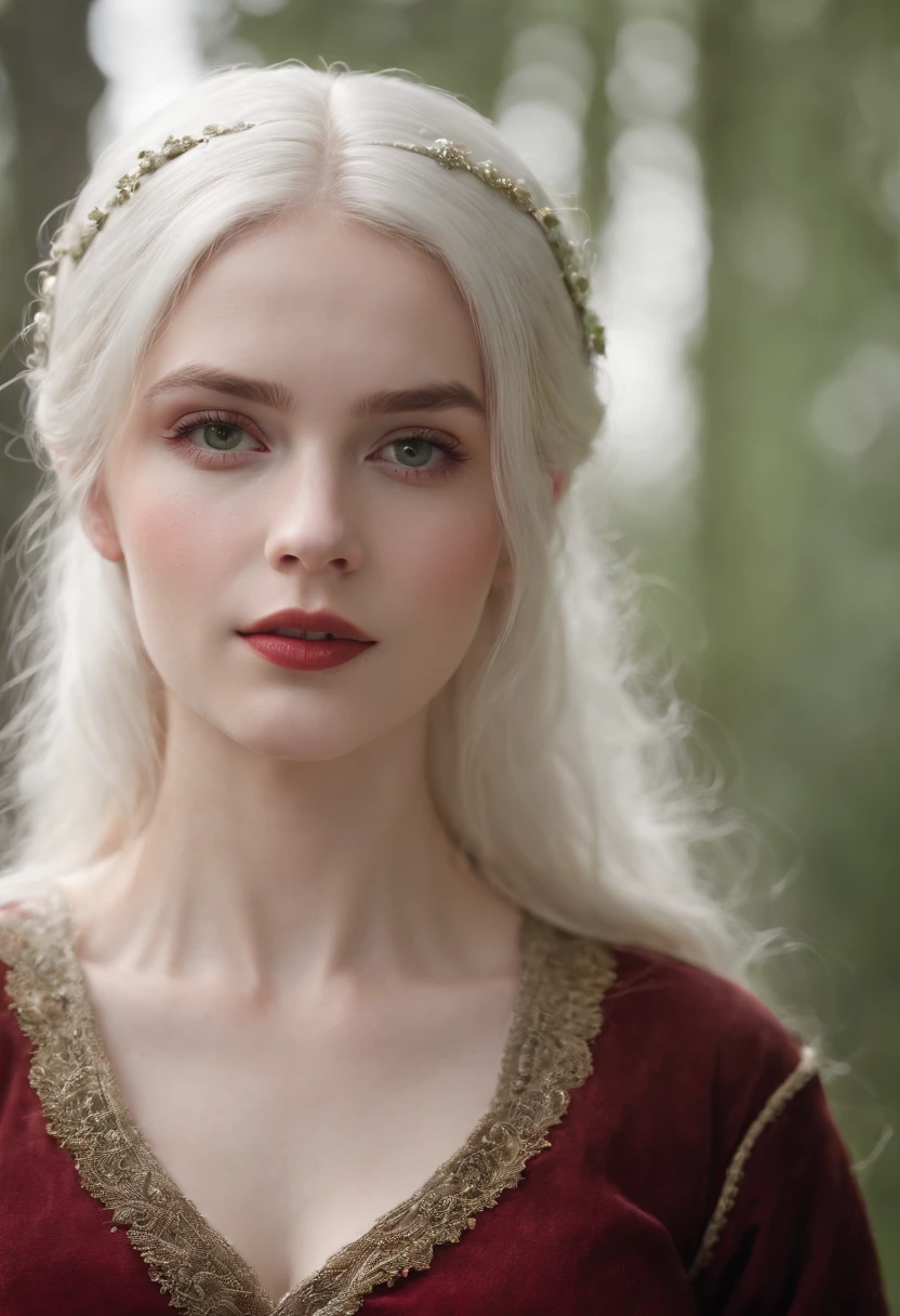 (((a deep reddish wound crosses her left cheek))) fair complexion, woman around 19 years old, natural white hair, distinctive green eyes, wearing kohl, slender and graceful, beautiful, candlelight in a medieval setting, ultra sharp focus, realistic shot, medieval female clothes, tetradic colors (scar:1.4)