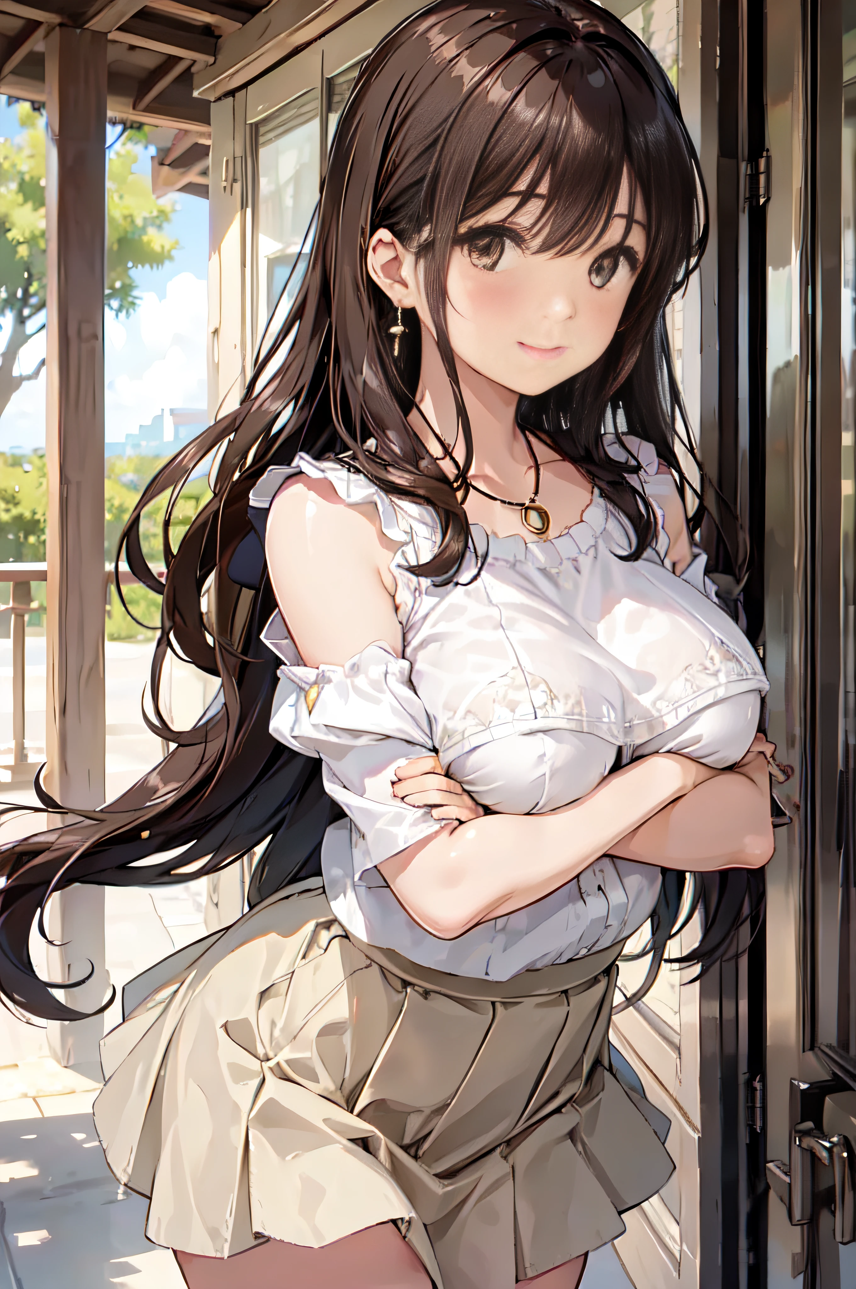 (High quality, High resolution, Fine details, Realistic), Long Wave Hair、dark brown hair、Earring、Modest necklace、Off-the-shoulder white shirt,Light yellow flared skirt, crystal clear skies, Strong sunshine, Solo, Adult Woman, Sparkling eyes, Smile, blush, Large breasts,  Oily skin, Shallow depth of field、Puffy nipple、Pose with chest emphasis in a slouching position、Holding the skirt with your hands　Skirt Fuwari、Mare、On board