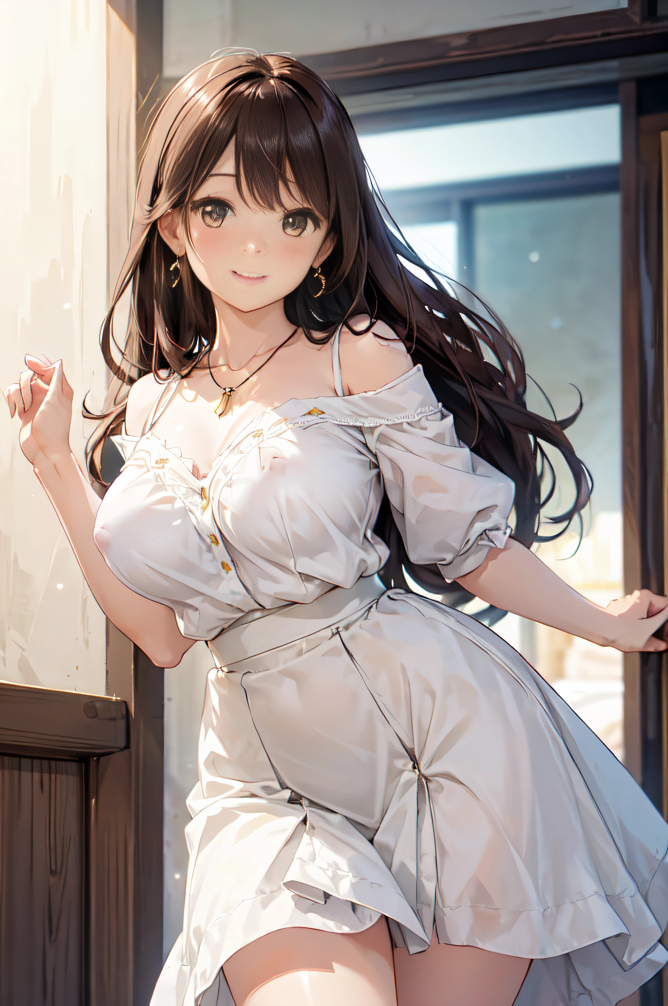 (High quality, High resolution, Fine details, Realistic), Long Wave Hair、dark brown hair、Earring、Modest necklace、Off-the-shoulder white shirt,Light yellow flared skirt, crystal clear skies, Strong sunshine, Solo, Adult Woman, Sparkling eyes, Smile, blush, Large breasts, Oily skin, Shallow depth of field、Puffy nipple、Pose with chest emphasis in a slouching position、Holding the skirt with your hands Skirt Fuwari、Mare、On board