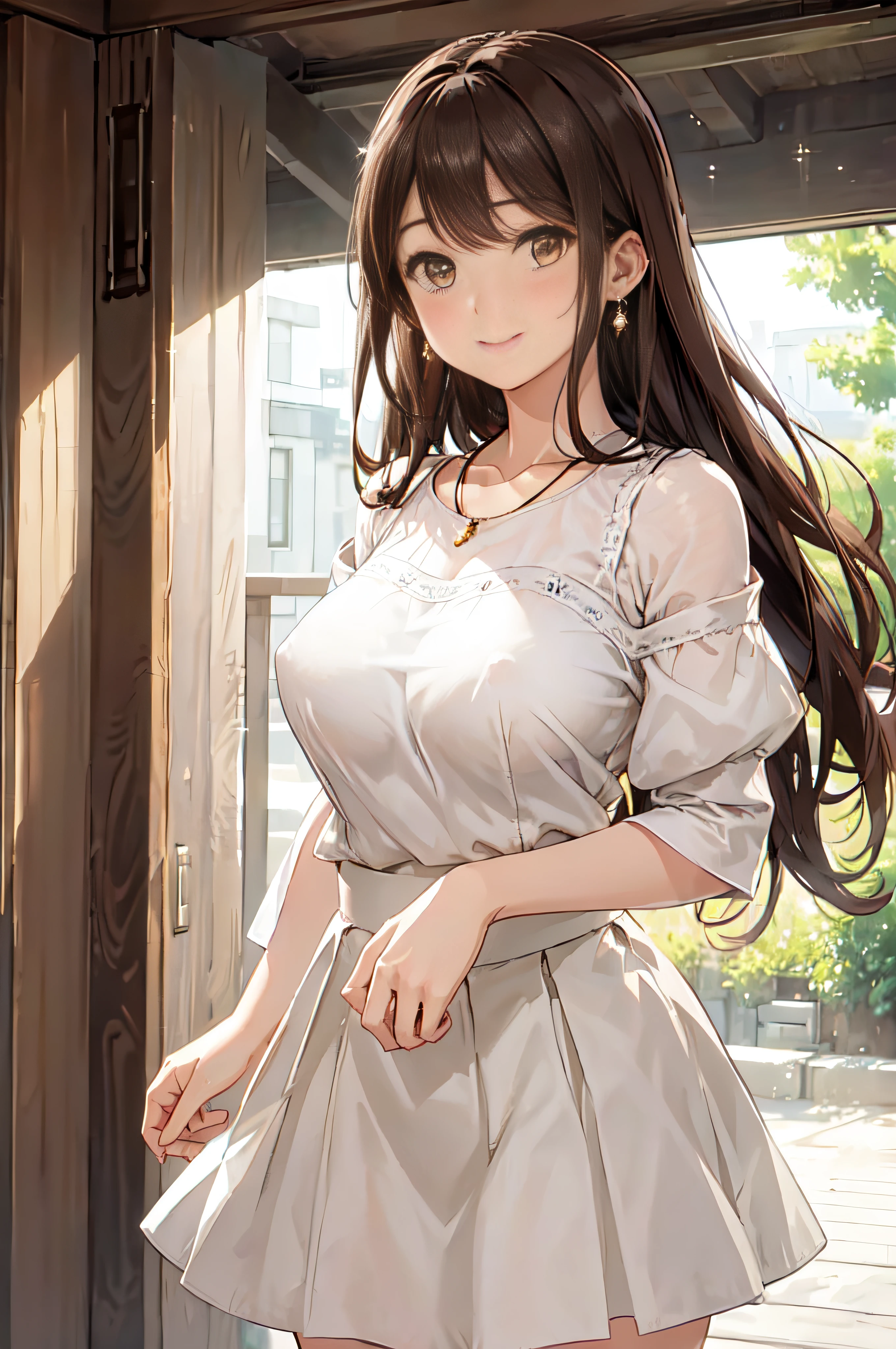(High quality, High resolution, Fine details, Realistic), Long Wave Hair、dark brown hair、Earring、Modest necklace、Off-the-shoulder white shirt,Light yellow flared skirt, crystal clear skies, Strong sunshine, Solo, Adult Woman, Sparkling eyes, Smile, blush, Large breasts, Oily skin, Shallow depth of field、Puffy nipple、Pose with chest emphasis in a slouching position、Holding the skirt with your hands Skirt Fuwari、Mare、On board