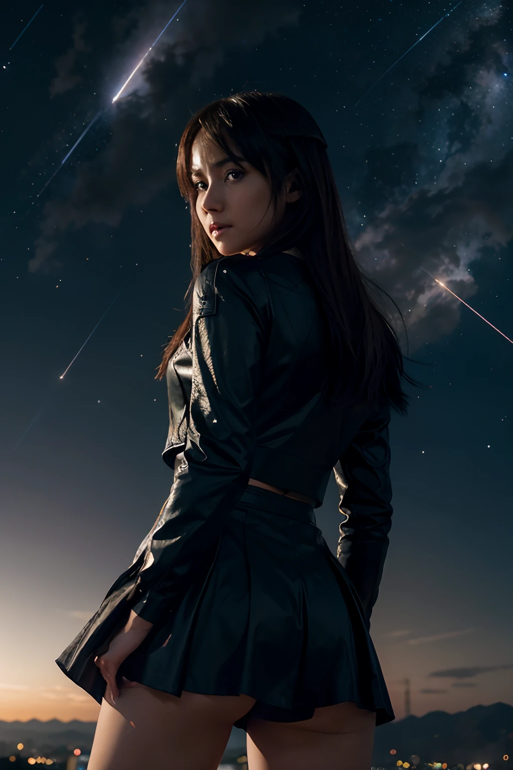 {
  "subject": "anime scene",
  "description": "A woman standing confidently as a meteor streaks across the sky",
  "tags": [
    "anime",
    "woman",
    "meteor",
    "confidence",
    "power"
  ],
  "camera": "close-up",
  "artstyle": "anime/manga",
  "lighting": "intense",
  "colors": "dramatic",
  "emotion": "awe-inspiring",
  "background": "night sky with stars",
  "inspirations": [
    "Sailor Moon",
    "Dragon Ball Z"
  ]
}