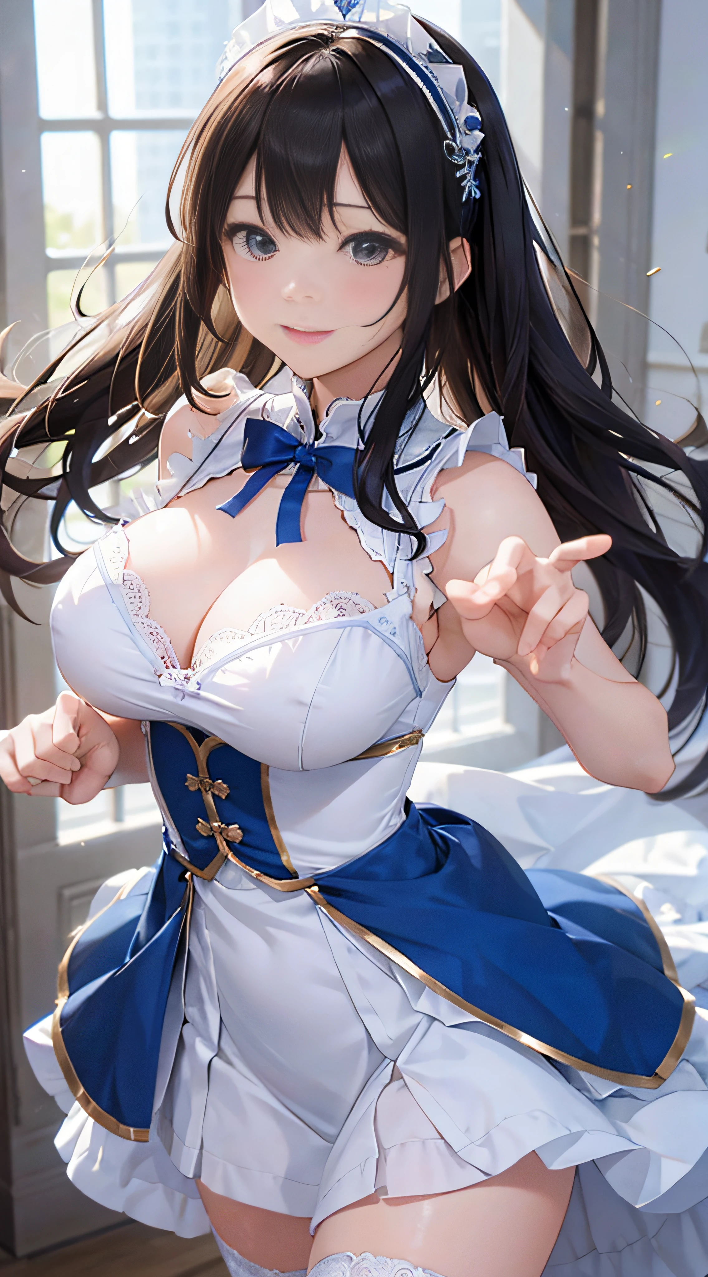 {8K Photo Quality:1.2}、{Ultra-high resolution photo quality:1.2}、{Super Real 1.2}、{Perfect limbs}、masutepiece、1womanl、Solo、White and Blue Companion Costume、Blue and white flared skirt、White lace panties、poneyTail、Puffy nipple、Event Venues、Chest Emphasis Pose、Shyness、Dynamic sexy poses、smil、Long Wave Hair、Big breasts、Stockings、hands on the ass