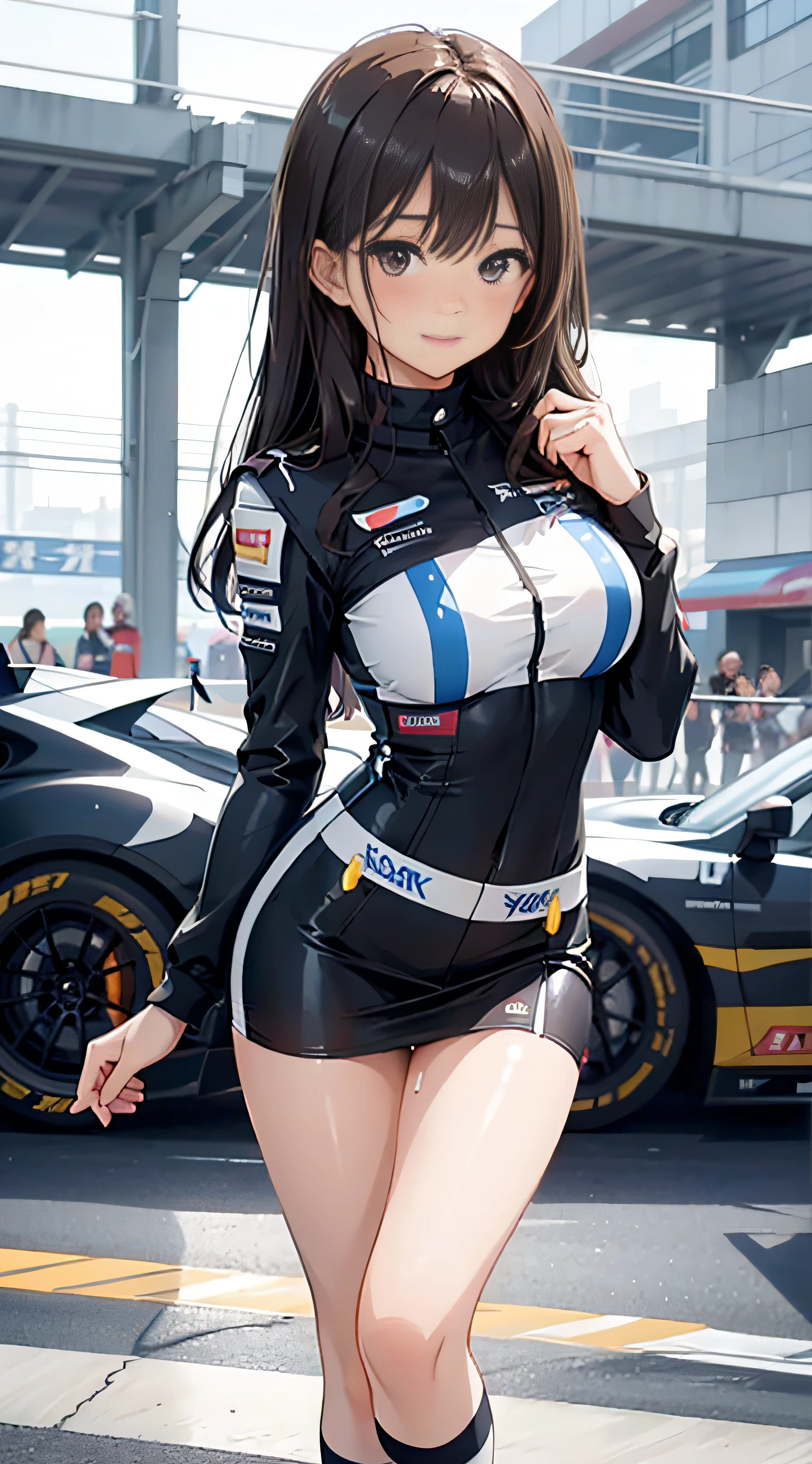 Best Quality, 1womanl, very curvy, (Pretty big breasts, cleavage of the breast)、stoic, dark brown hair,Weeping bangs、 racing suit, Full lips, Seductive, Mature、skirt by the、Race Queen、A slender、 masterpaintings, best qualtiy, Photorealsitic, ultra-detailliert, (shinny skin:1.4), slender,dynamic light and shadow,hight resolution,Sharp Focus、A slender、(thick thight),天空、Grid Girl, underboob, Wear the grid_Girl costume printed with sponsor's logo, (Stand in a motorsport race)+ left hand on waist、((Angle from below))、Blur the background