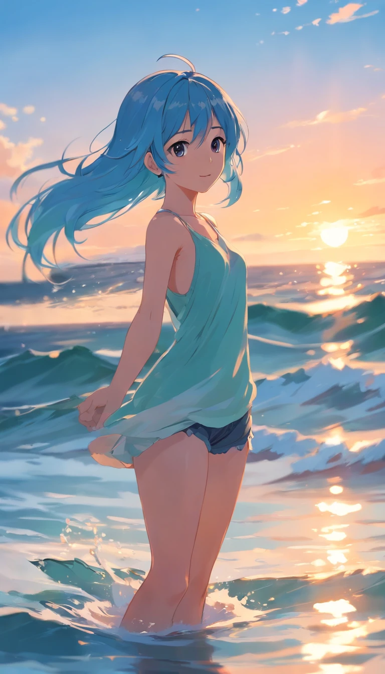 masterpiece, best quality, movie still, 1girl,Standing in the middle of the sea, close-up, bright, happy, warm soft lighting, sunset,Light blue hair,Short body,nude