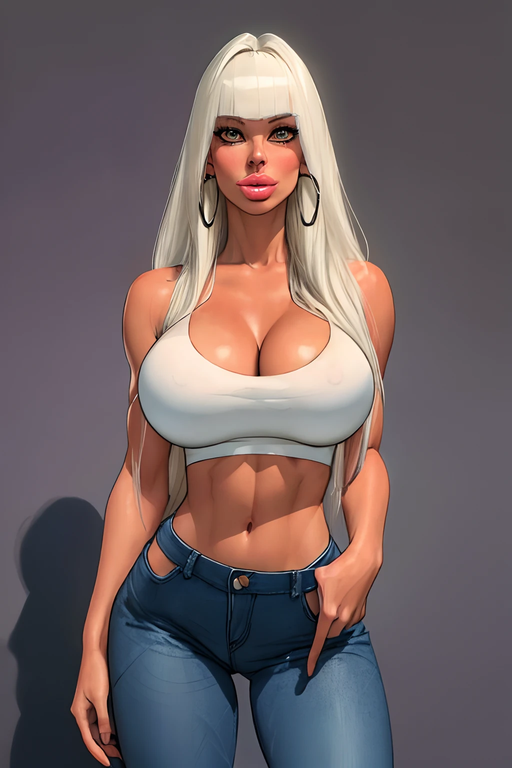 (3/4 view:1.4)(masterpiece:1.2, best quality), 1lady, solo, upper body, big tits, wide hips,
light blue wash skinny jeans, white tank top, midriff exposed, (thin suspenders:1.0), high heel boots, (detailed eye lashes:1.4), (full lips:1.7), (detailed face:1.3)cheekbones
Loose waves, platinum blonde, (long hair bangs:1.6), long ponytail,(puffy lips), slendered abs
simple hoop earrings