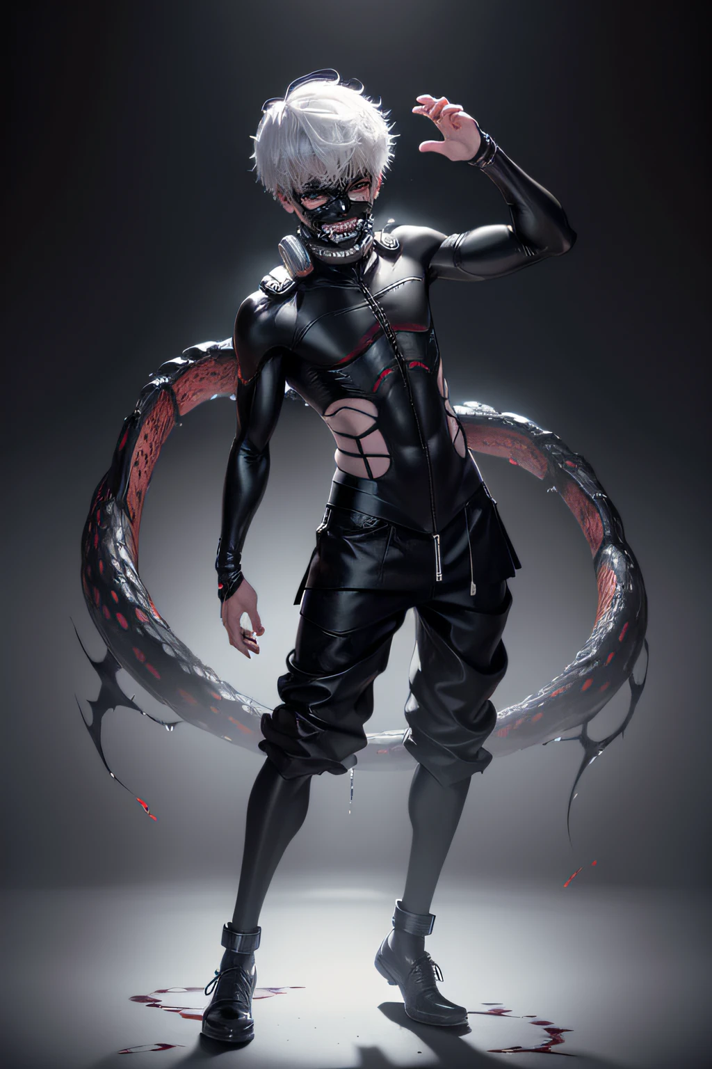 1boy,8k, anime, portrait, best quality, ultra high res, ultra detailed, black and high constrast color tone, extremely detailed lighting, cinematic lighting, soft lights, (masterpiece, high quality:1.4), (kaneki ken, white hair, red and black eye, mask | teeth, blood eyes, black clothes, scorpio tentacles),  blood, ((full body)), (dynamic pose), black background, thrilling, (fierce face)