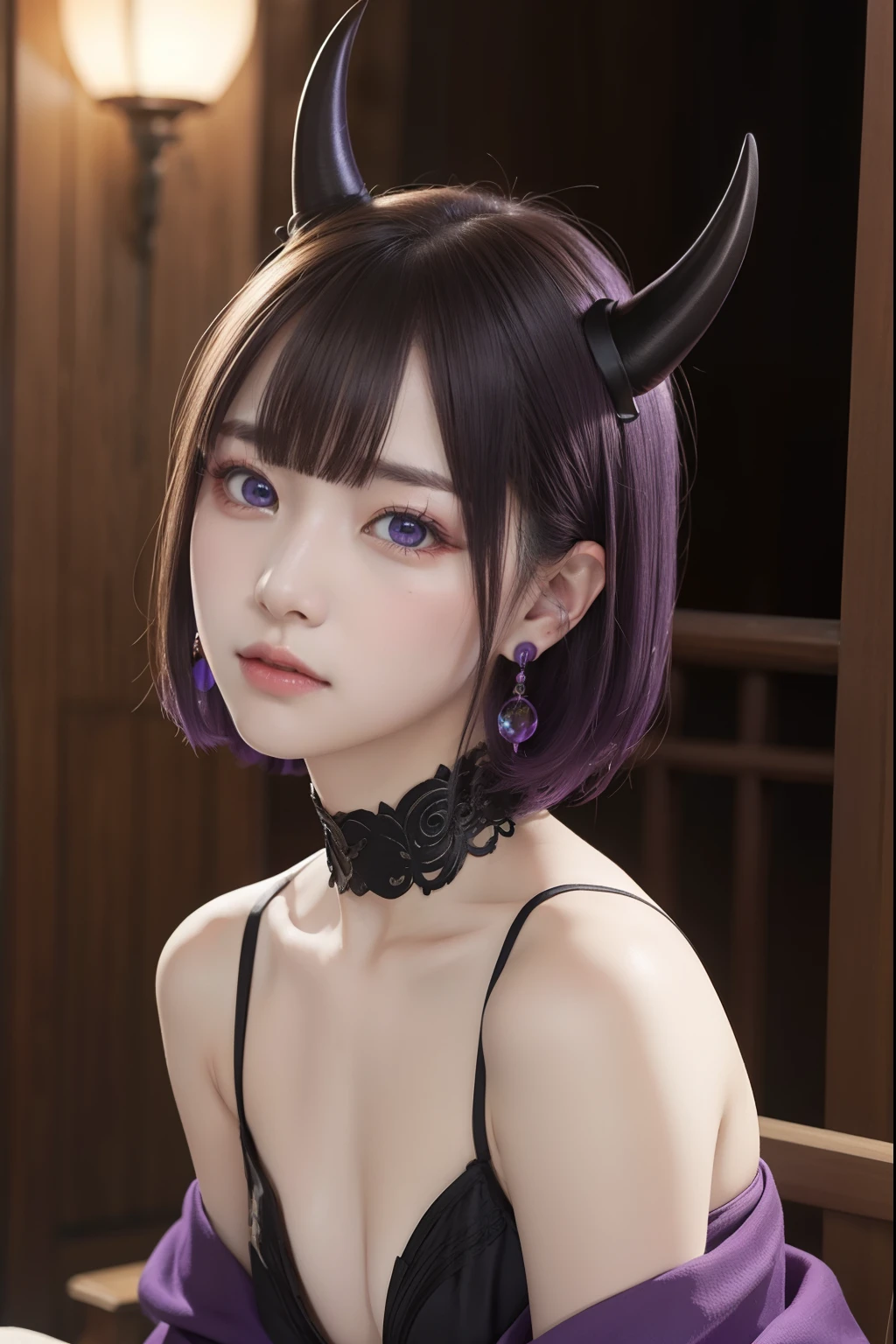 Xiutian Temple, shuten douji, (Purple eyes:1.2), earrings, eyeshadows, Horns, makeup, oni horns, Purple hair, Red eyeshadow, short eyebrows, Short hair, Single earring, tusk, (tiny chest:1.2),
BREAK bare shoulders, 鎖骨, Komono, Jewelry, Long sleeves, Revealing clothes, Wide sleeves, Offensive language, BREAK outdoors, city, BREAK looking at viewer, (masutepiece:1.2), Best Quality, High resolution, Unity 8k壁纸, (Beautiful detailed eyes:1.6), extra detailed face, Perfect Lighting, extremely details CG, (Perfect hands, Perfect Anatomy),Sitting on the couch, tiptoes, ,nsfw, (ecstasy:1.3), (slut:1.2), (vulgarity:1.3), (fucked silly:1.1), (steam:1.1), (wet:0.8), (trembling:0.8), (tears:0.7), (drooling:0.6), (sweat:0.8)